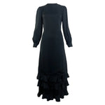 Galanos 1970's Black Satin Silk Ruffle Triple Tier Long Sleeve Column Gown