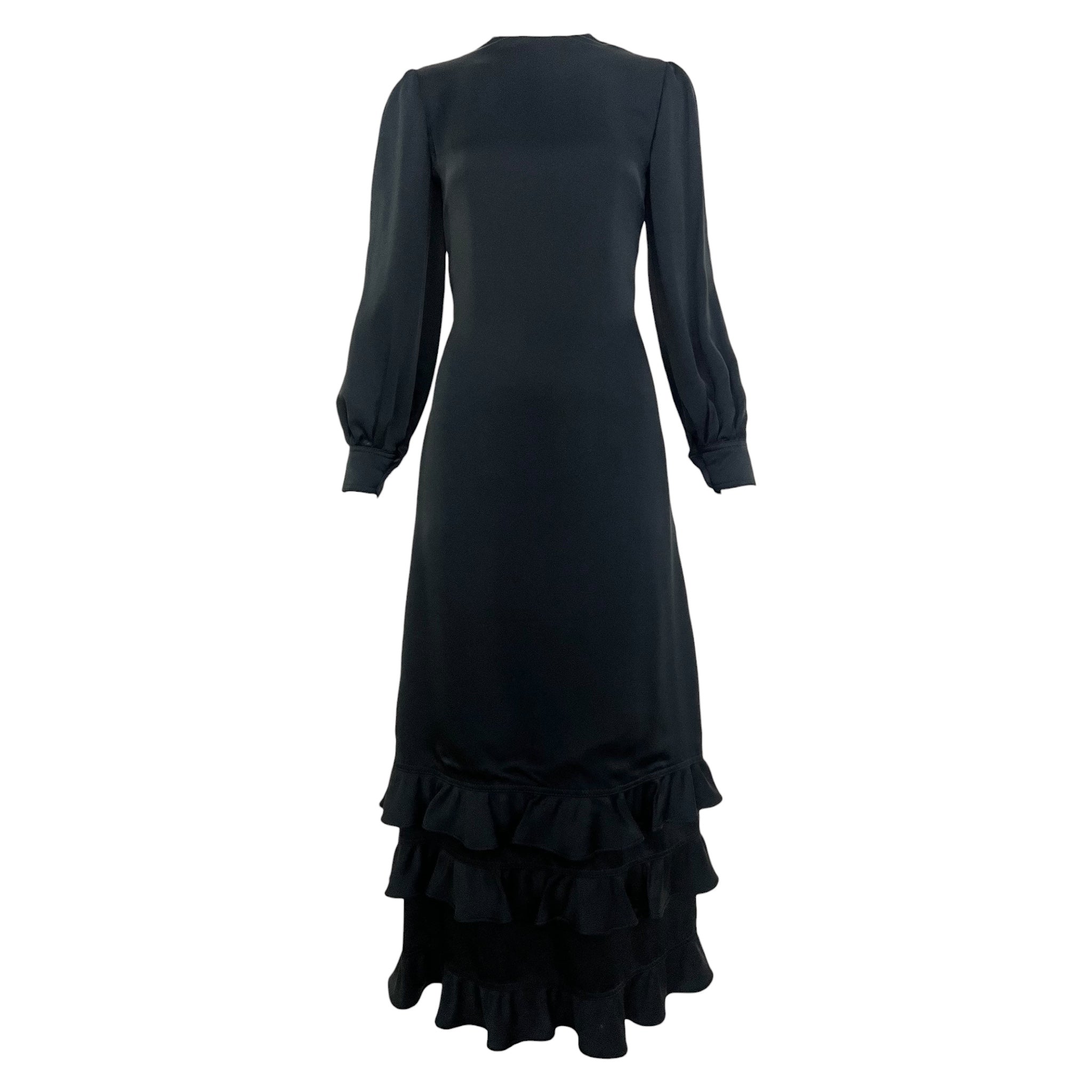 Galanos 1970's Black Satin Silk Ruffle Triple Tier Long Sleeve Column Gown