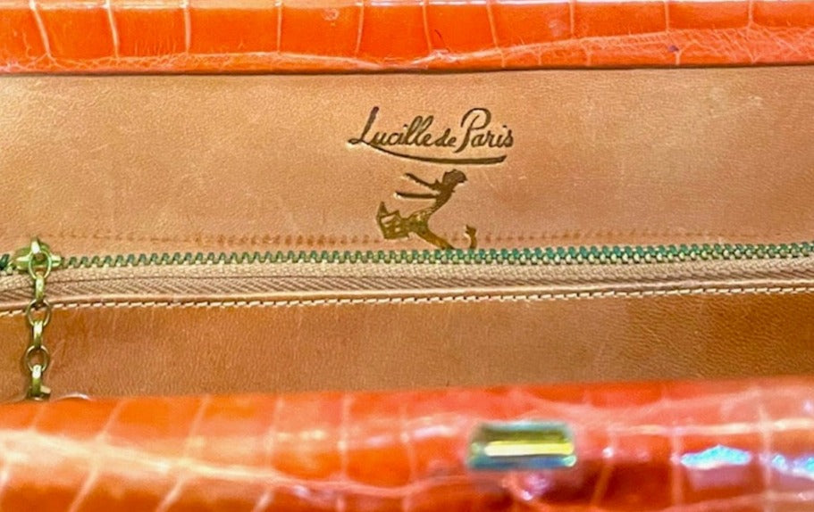 Lucille de Paris 50s Orange Alligator Handbag LABEL 5 of 5