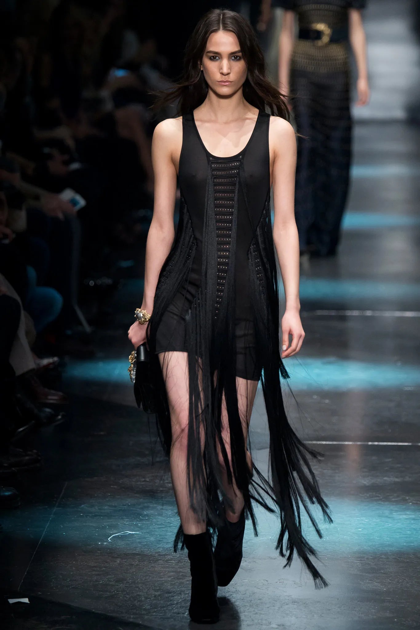 Roberto Cavalli F/W 2015 Black Fringe Cut-Out Dress, runway