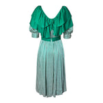1980's Green and White Striped Silk Dress with Flutter Collar, back