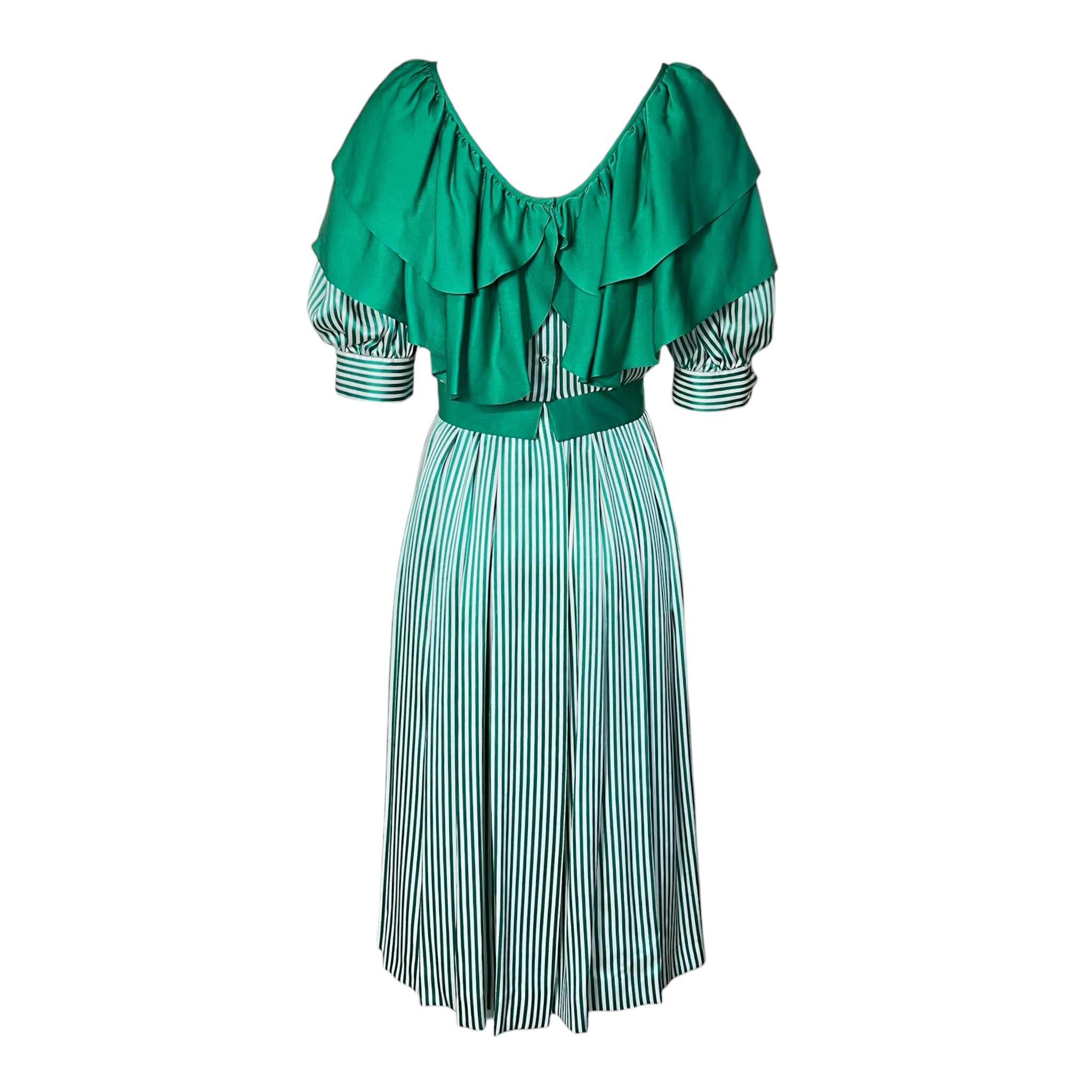 1980's Green and White Striped Silk Dress with Flutter Collar, back