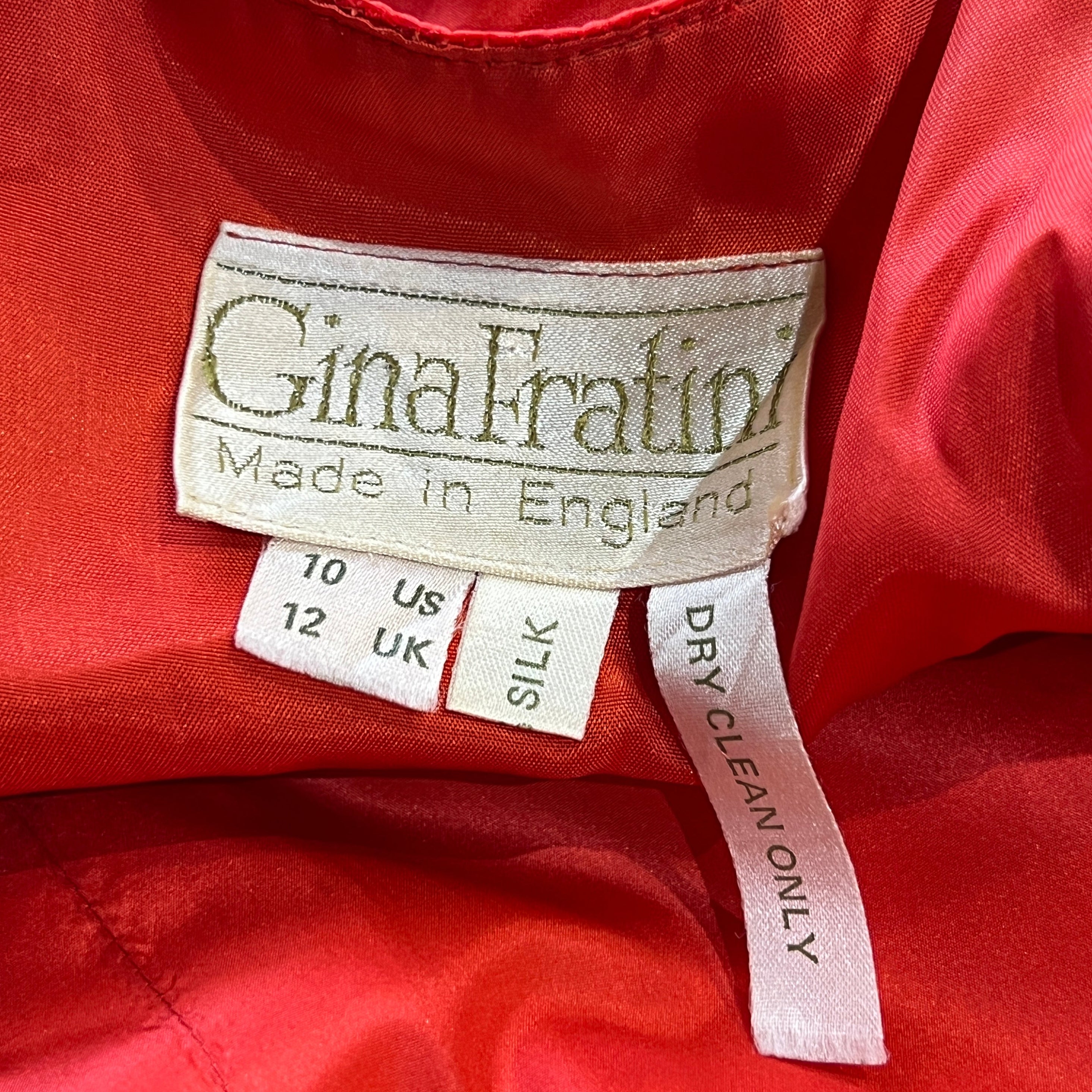 Gina Fratini Early 1980's Scarlet Red Ruffled Silk Taffeta Halter Gown, label