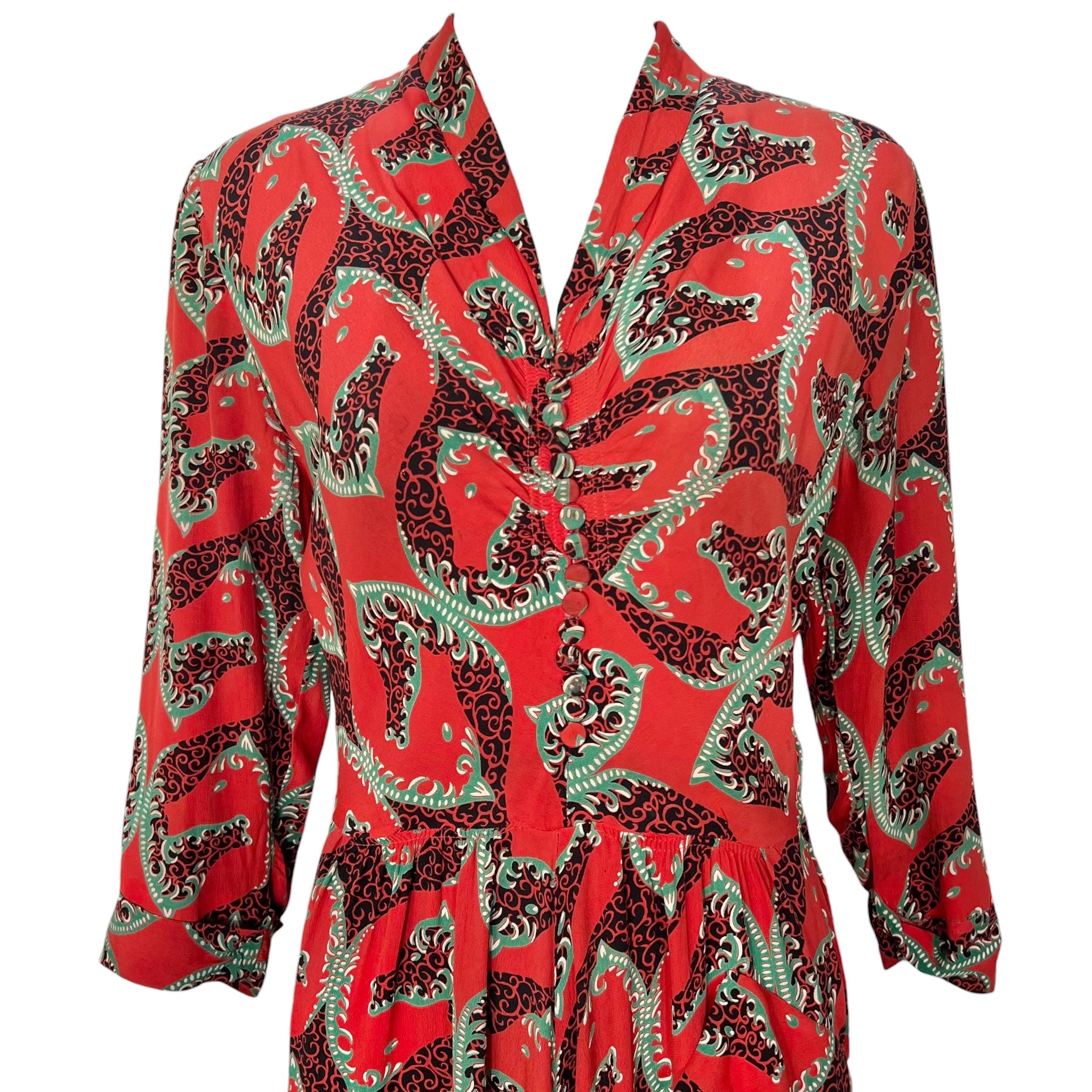 1940's Red Graphic Horse Head Rayon Crepe Dress, top