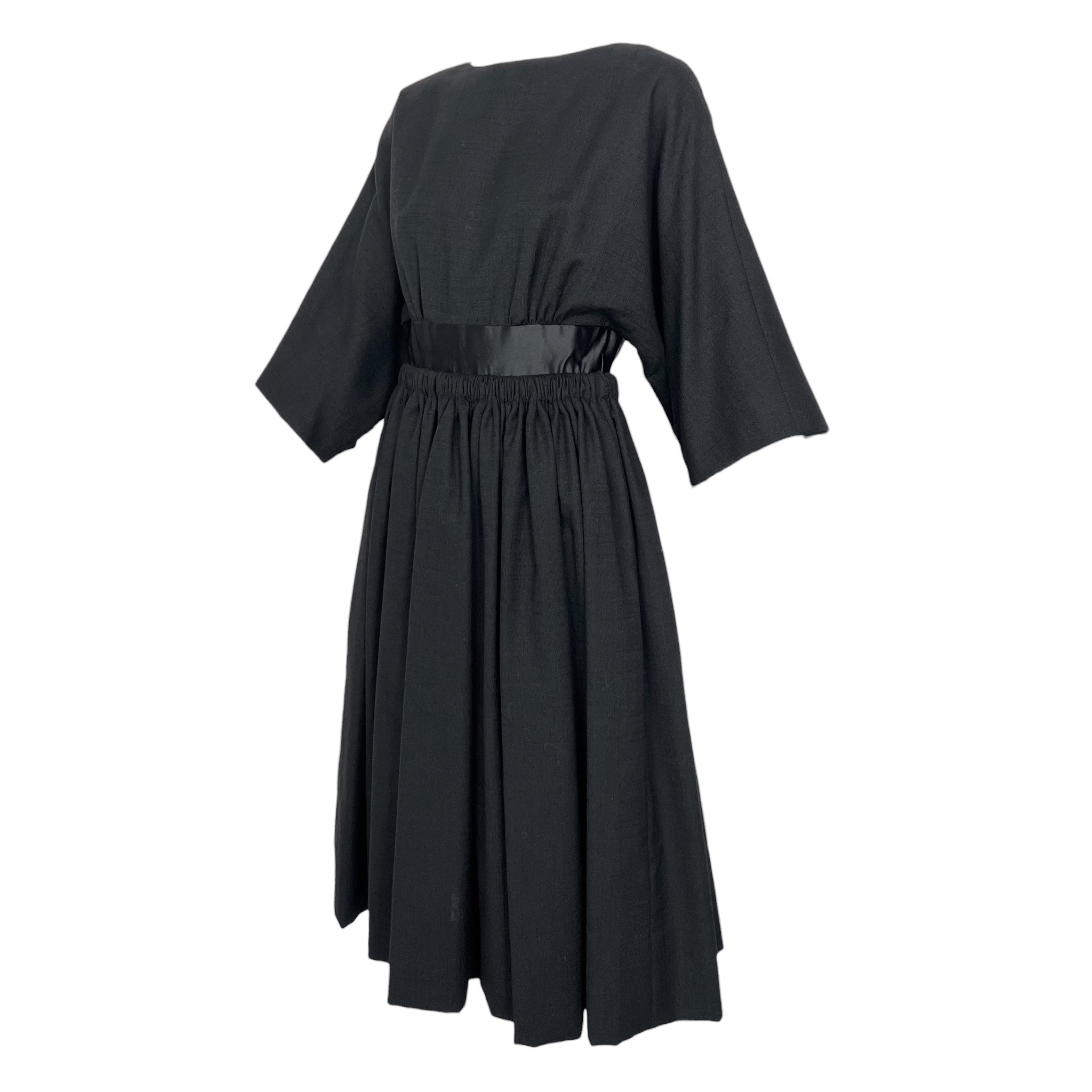Galanos 1950's Black Raw Silk Fit and Flare Sleeved Day Dress, SLIGHT SIDE