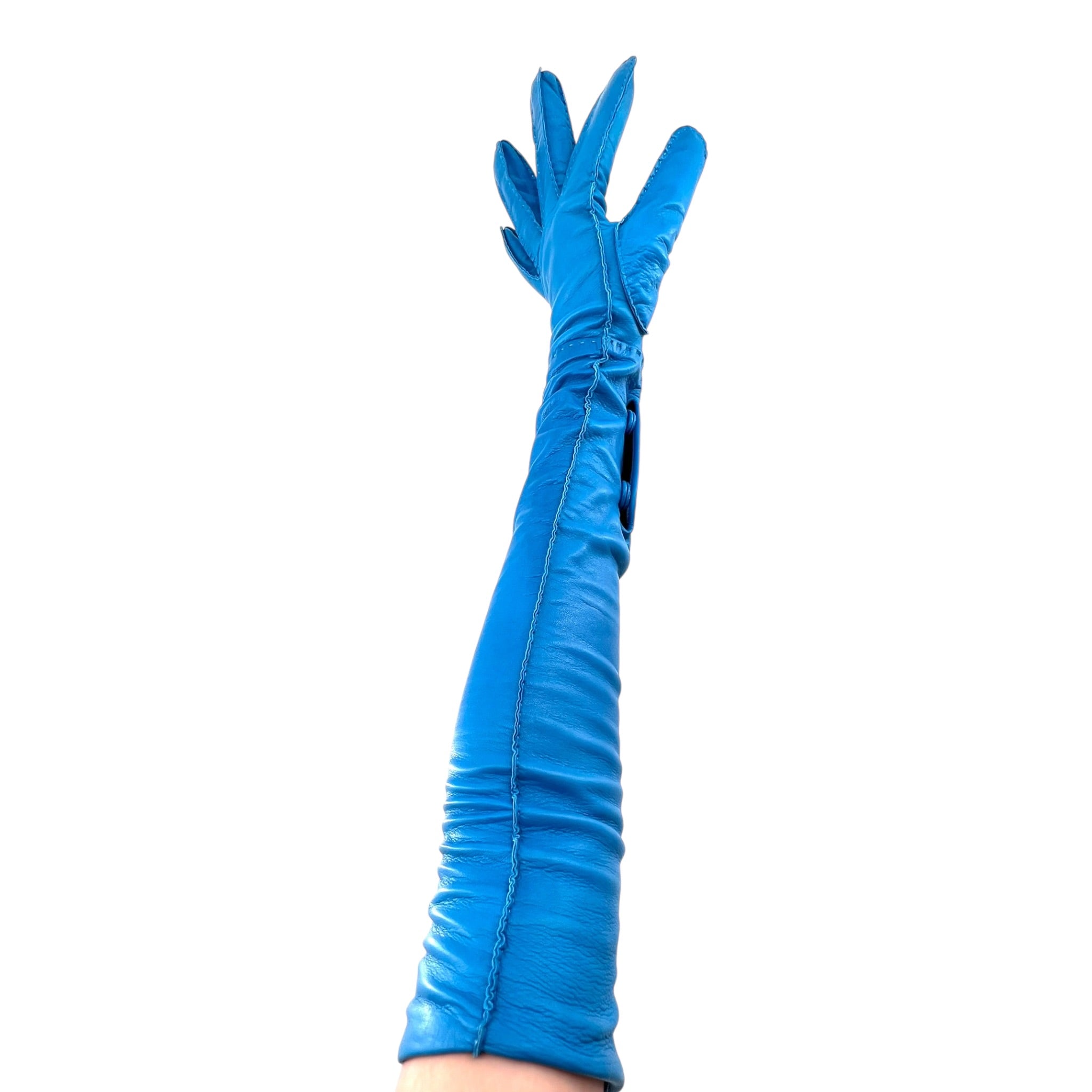 Prada 2020s Blue Lambskin Leather Elbow Length Gloves, left hand long