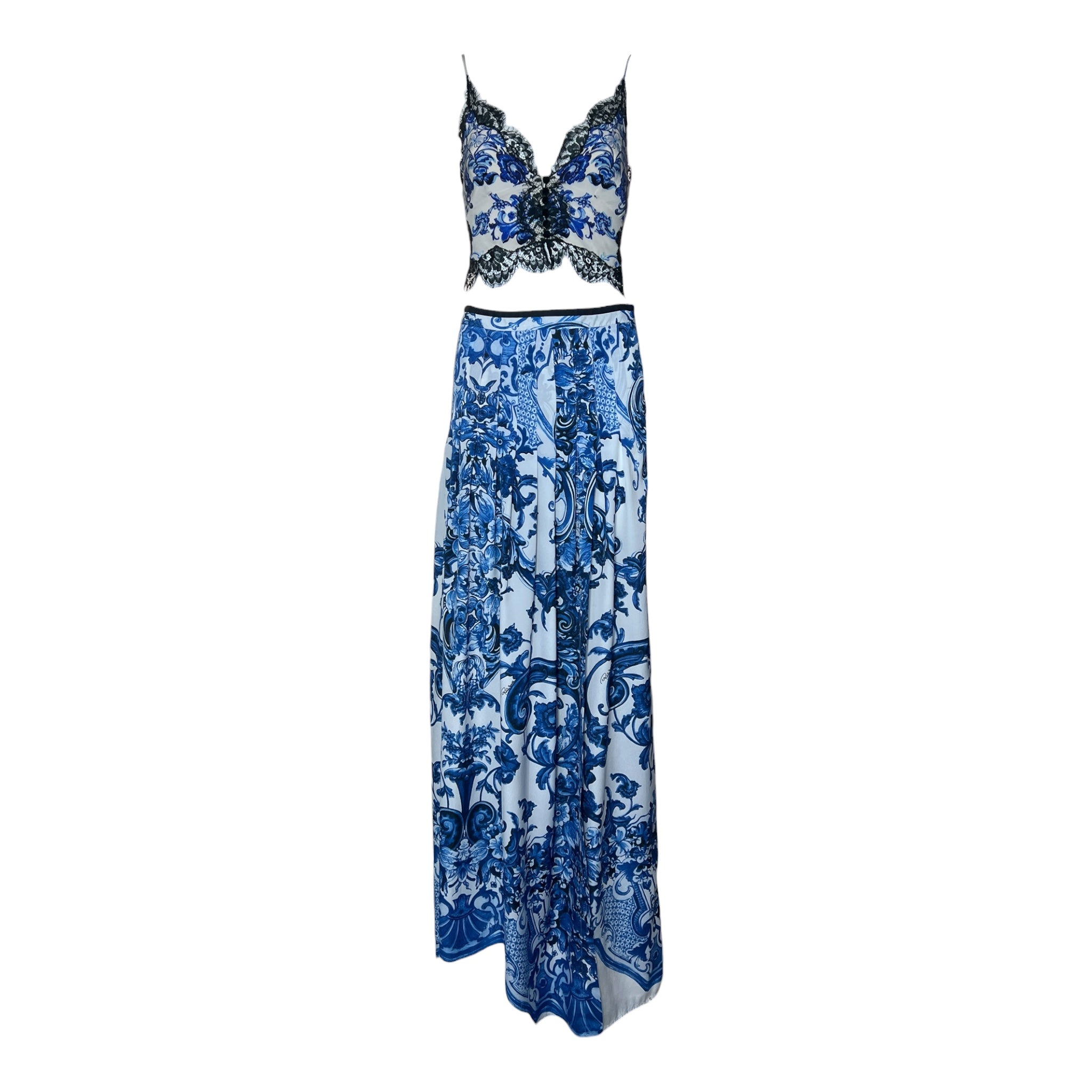 Roberto Cavalli 2000s Blue and White Porcelain Print Ensemble