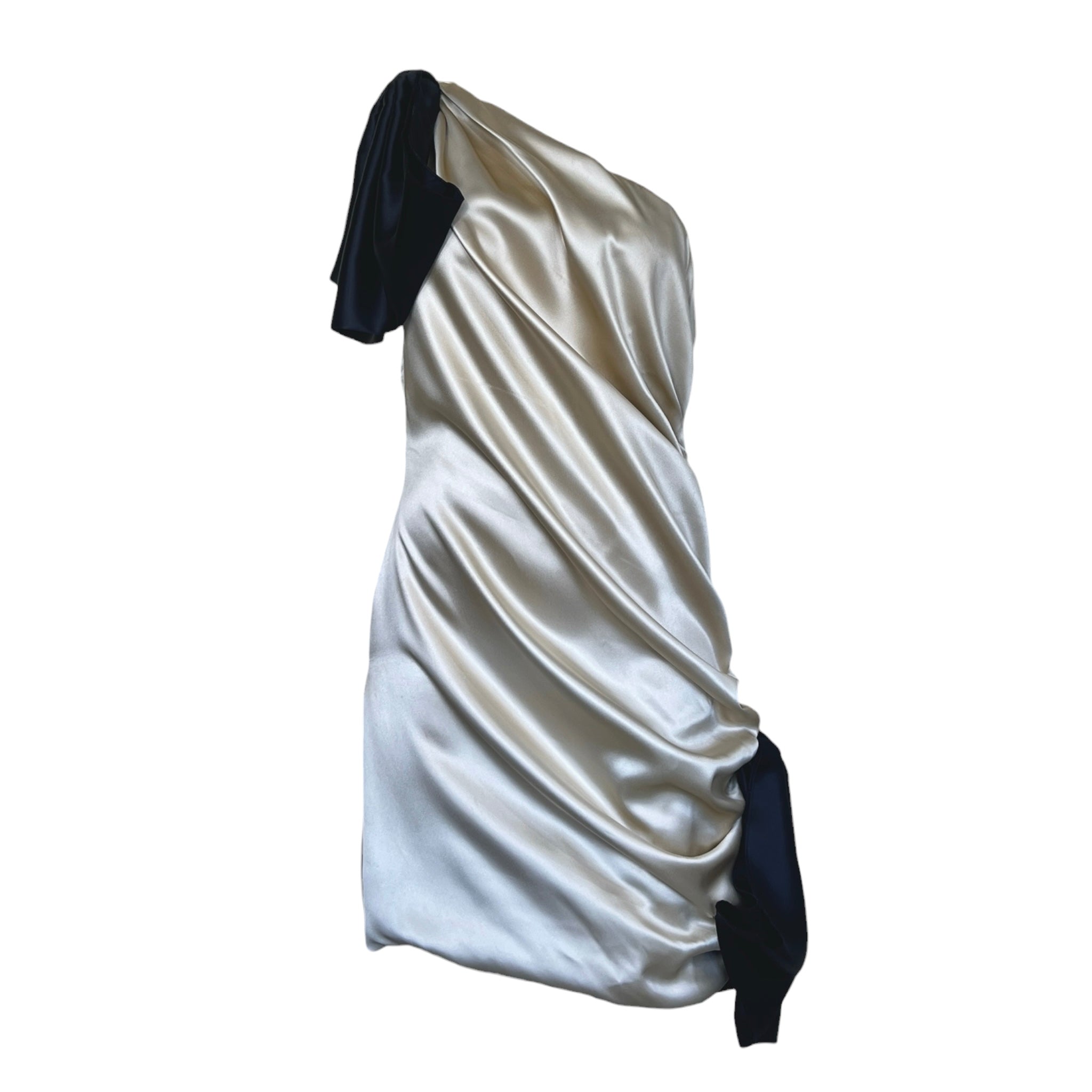 Dolce and Gabbana Y2K Cream and Black Silk Satin One-Shoulder Mini Dress