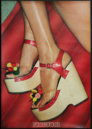 The Wonder Wedge by Bonnie Smith for Kimel '70s Orange Woven Fruit Bunch Wedge Platform Sandals - campaign