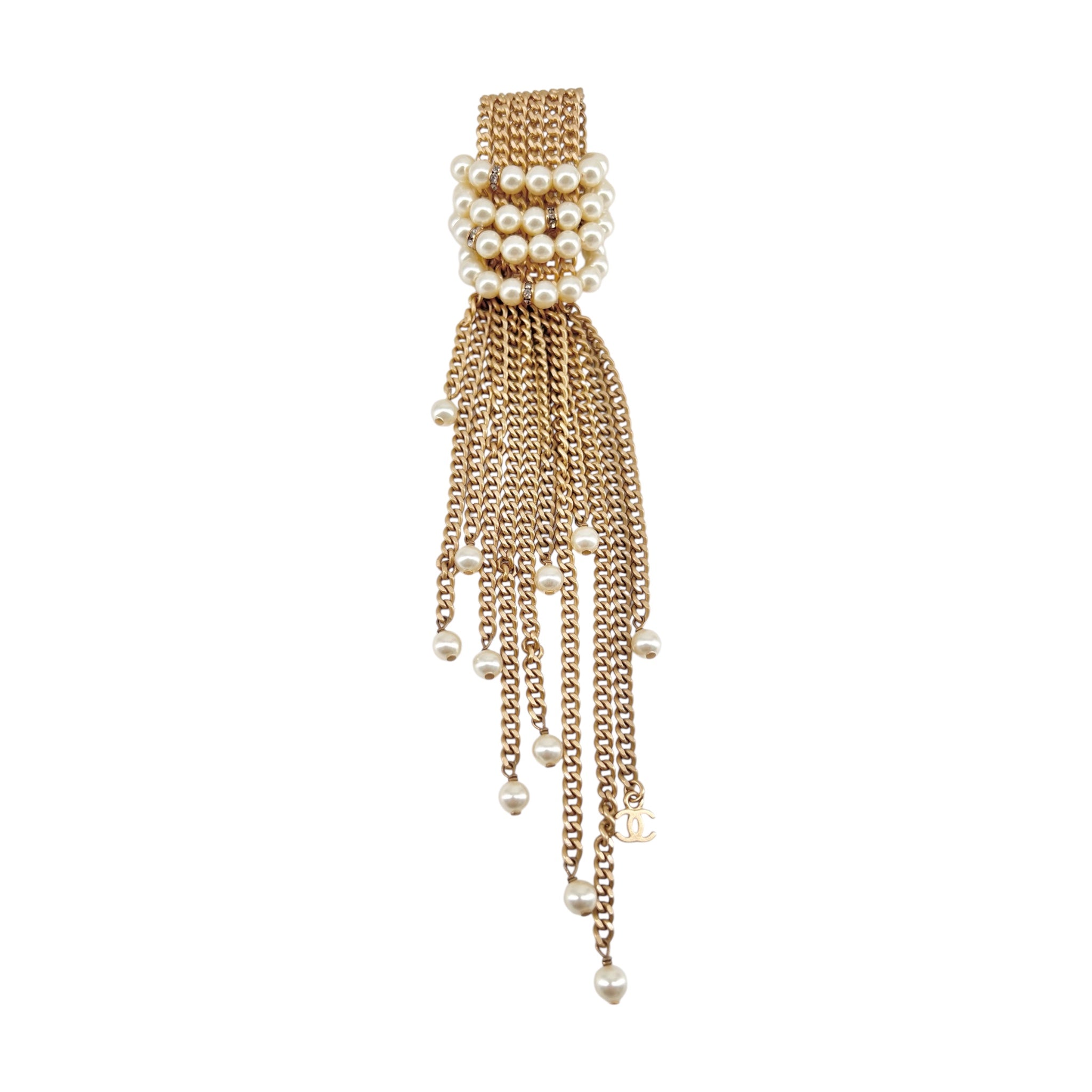 Chanel S/S 2001 Gold Dangling Chain Brooch with Pearls, 2