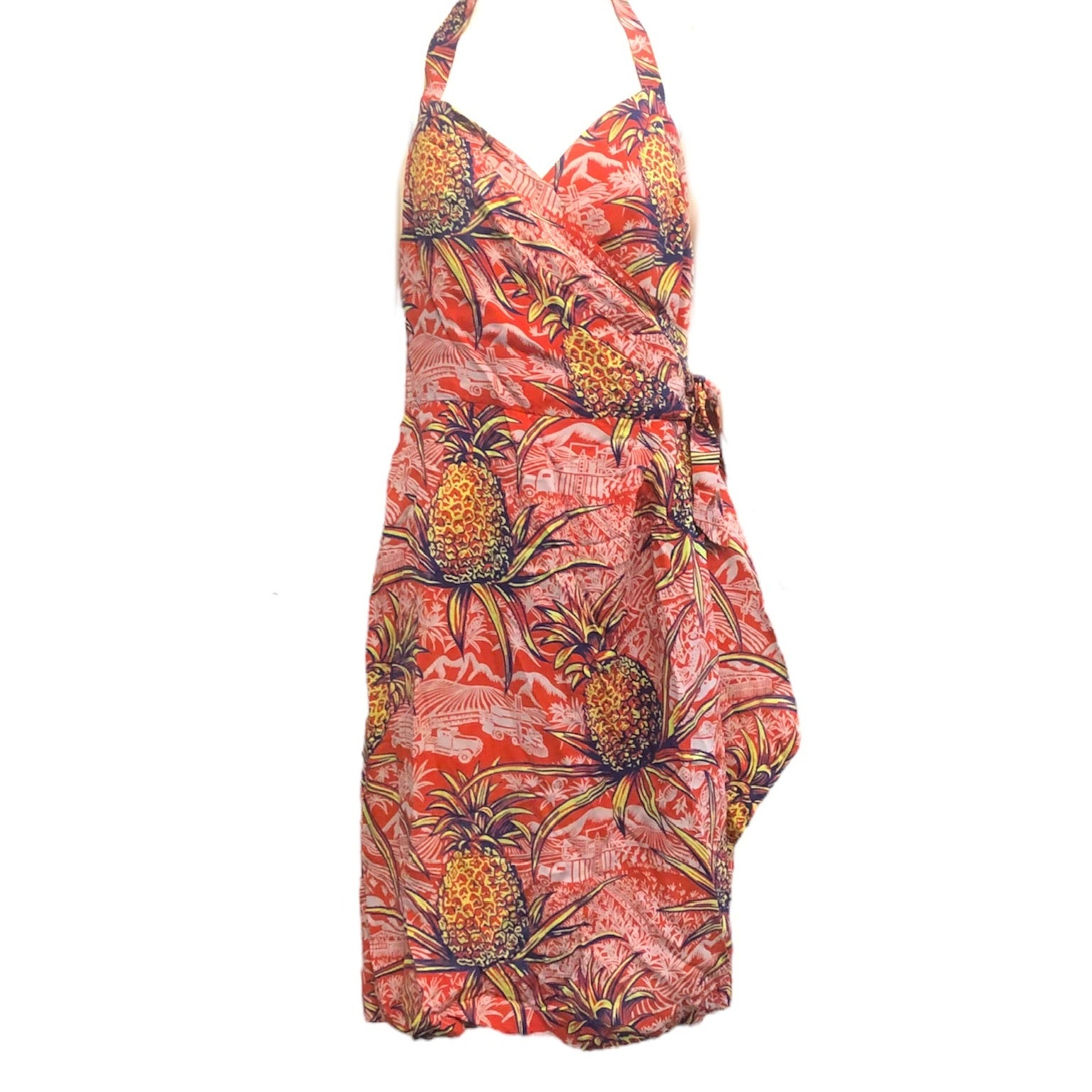 40s Rayon Red Hawaiian Pineapple Print Wrap Dress FRONT 1 of 4