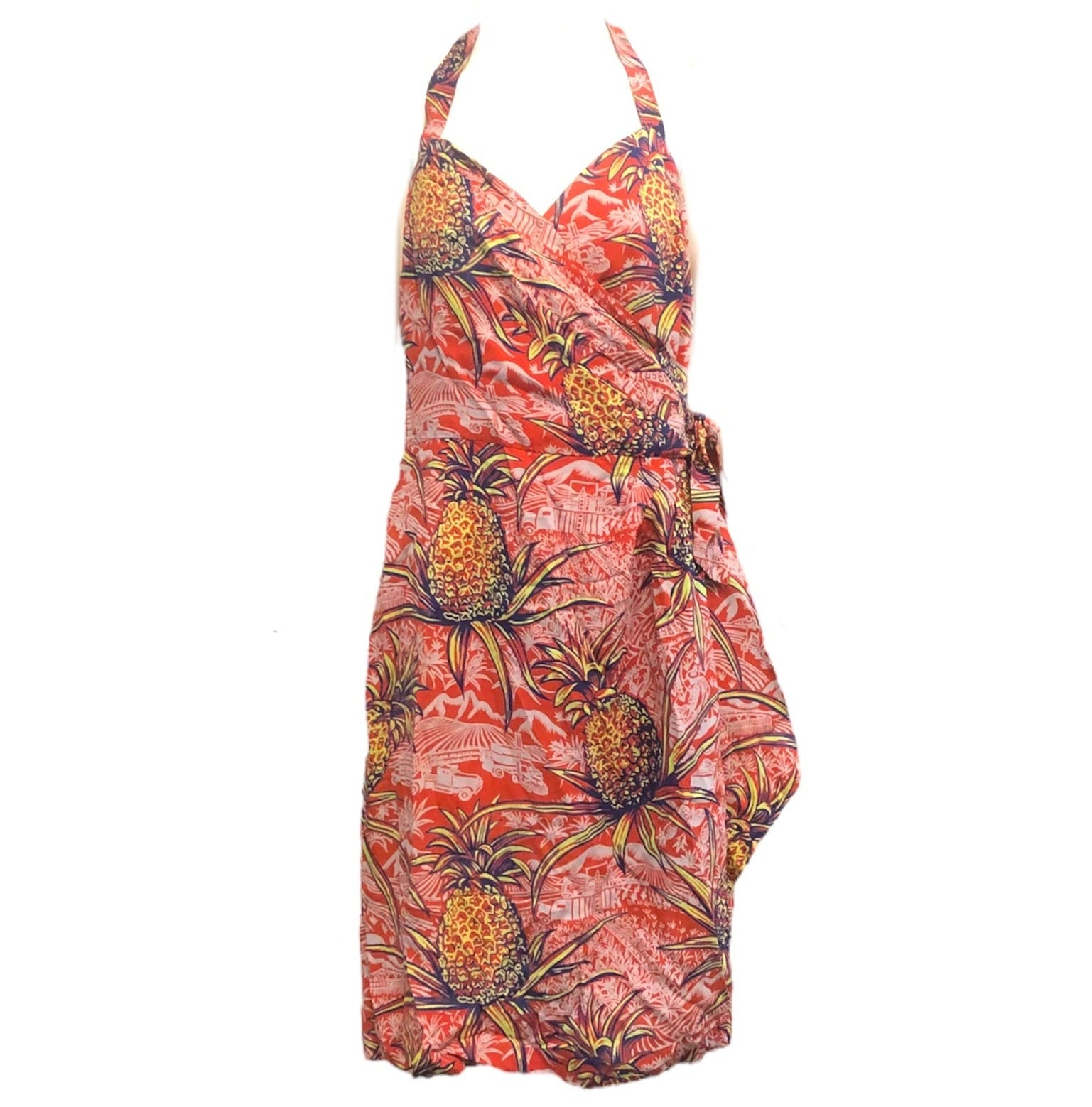40s Rayon Red Hawaiian Pineapple Print Wrap Dress FRONT 1 of 4