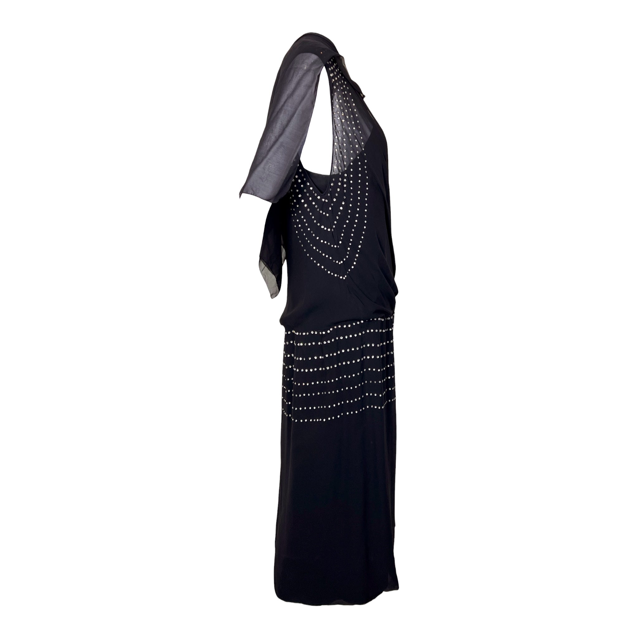 1920’s Black Silk Chiffon Deco Rhinestone Evening Dress and Scarf