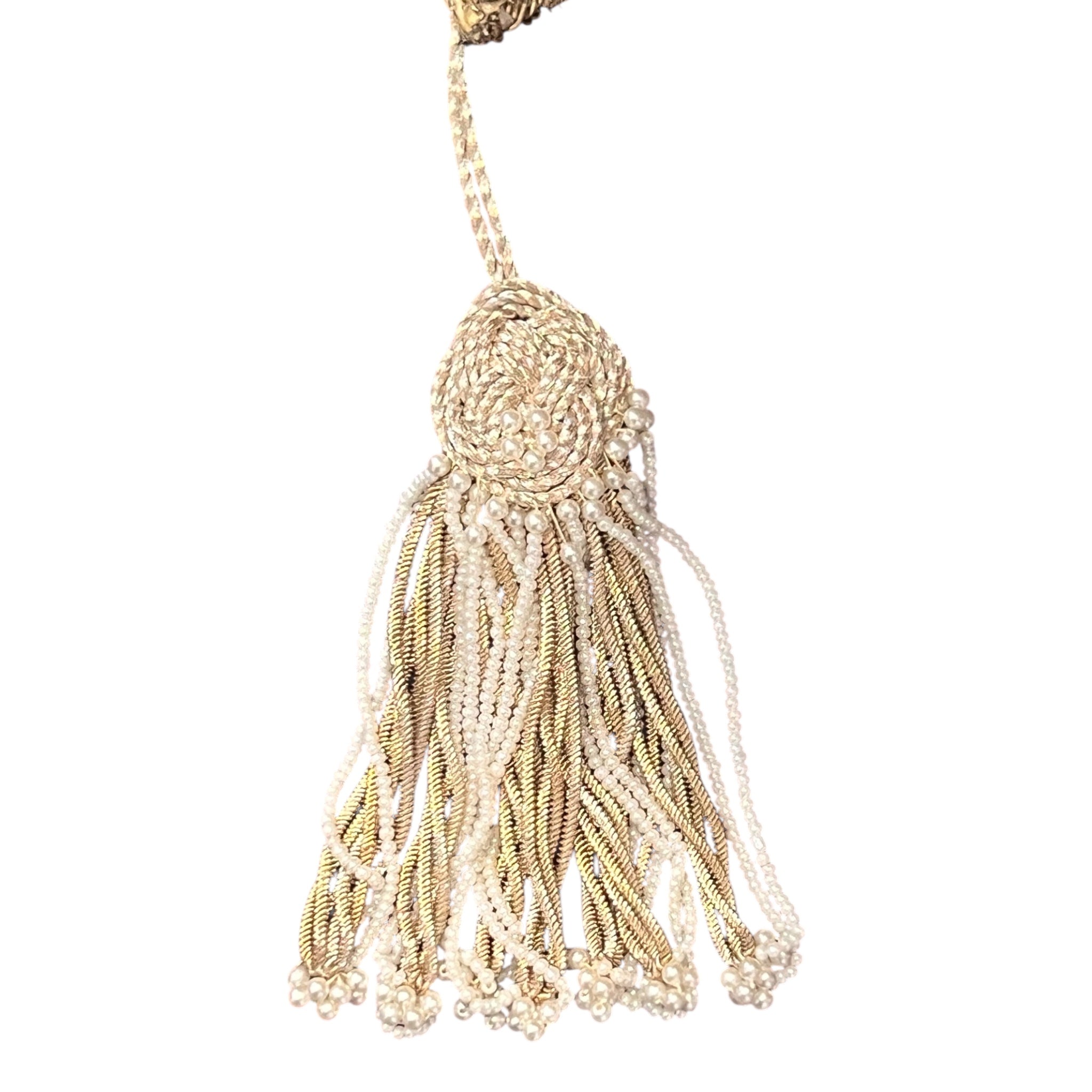 Late 1970's Gold Champagne Lamé Jacquard Caftan Gown and Scarf, tassel close up