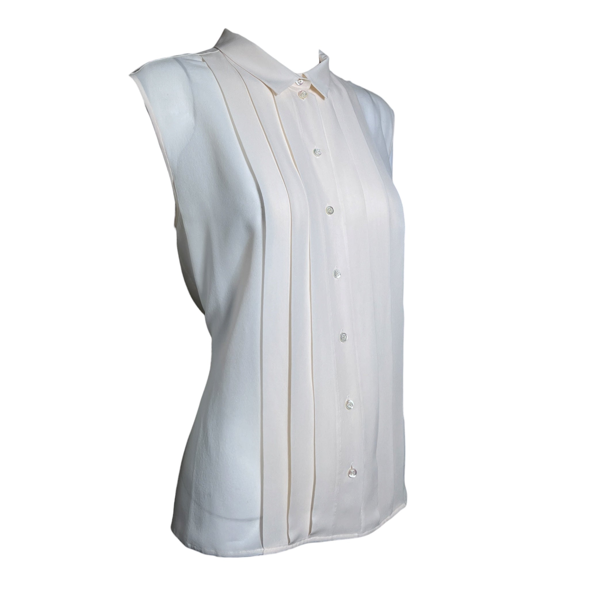 Christian Dior 2000's Cream Silk Pleat Front Button Up Sleeveless Blouse, slight side