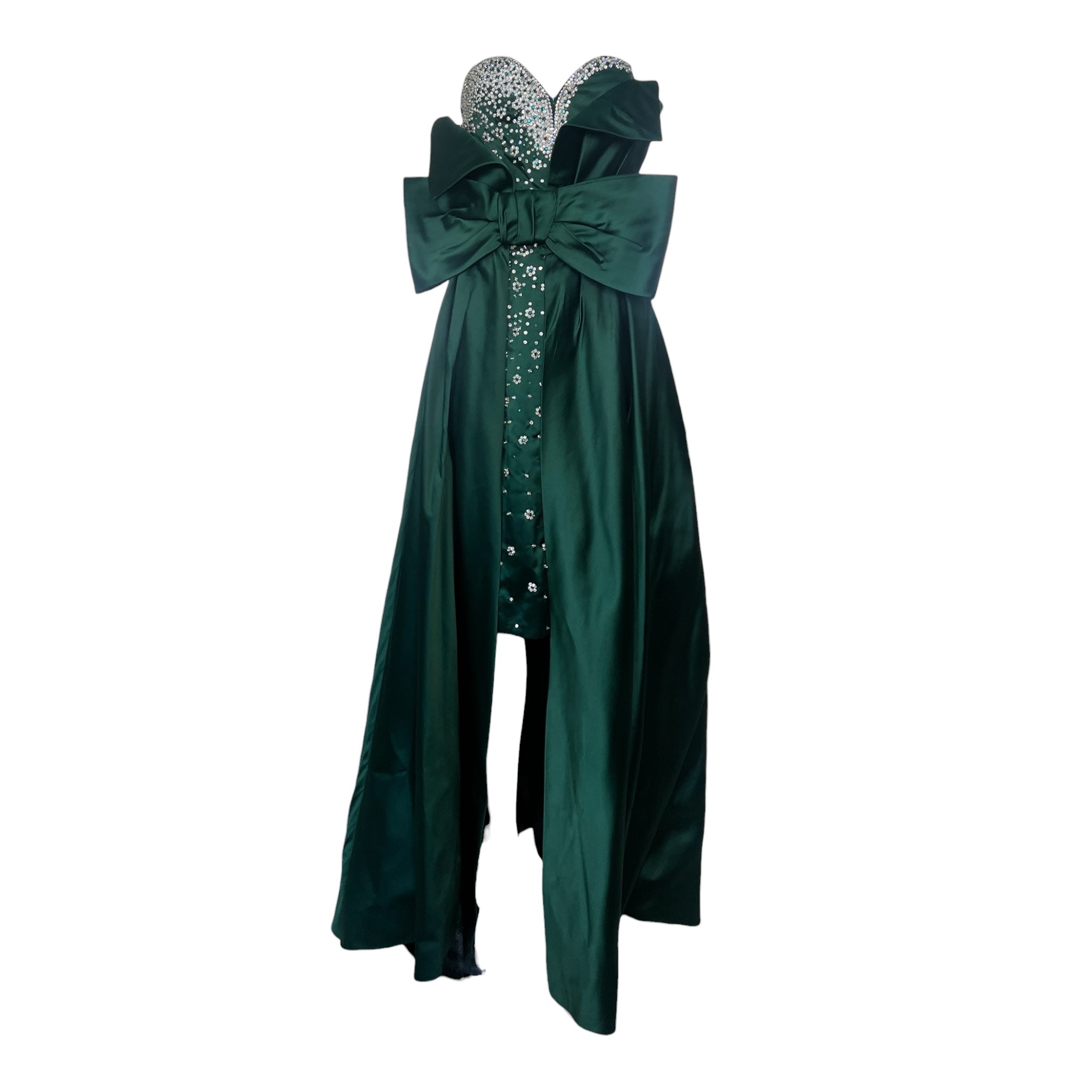 Balestra Roma Couture 1980's Emerald Green Satin and Rhinestone Strapless Gown