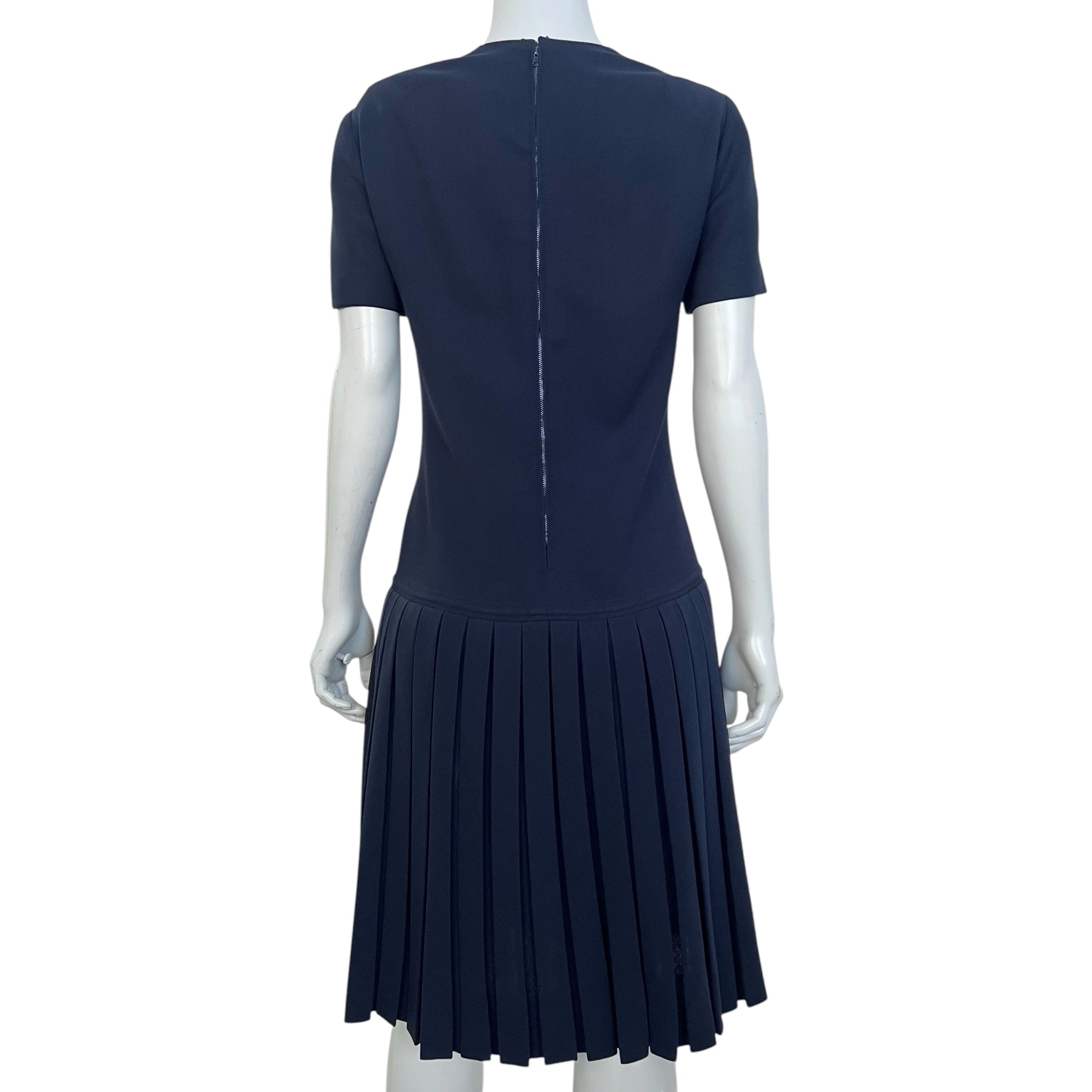 Pierre Balmain Haute Couture Early 1960's Navy Blue Wool Pleated Day Dress back