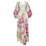 Bill Blass 1969 Silver Brocade Pink Floral Long Sleeve Full Length Dress, Documented