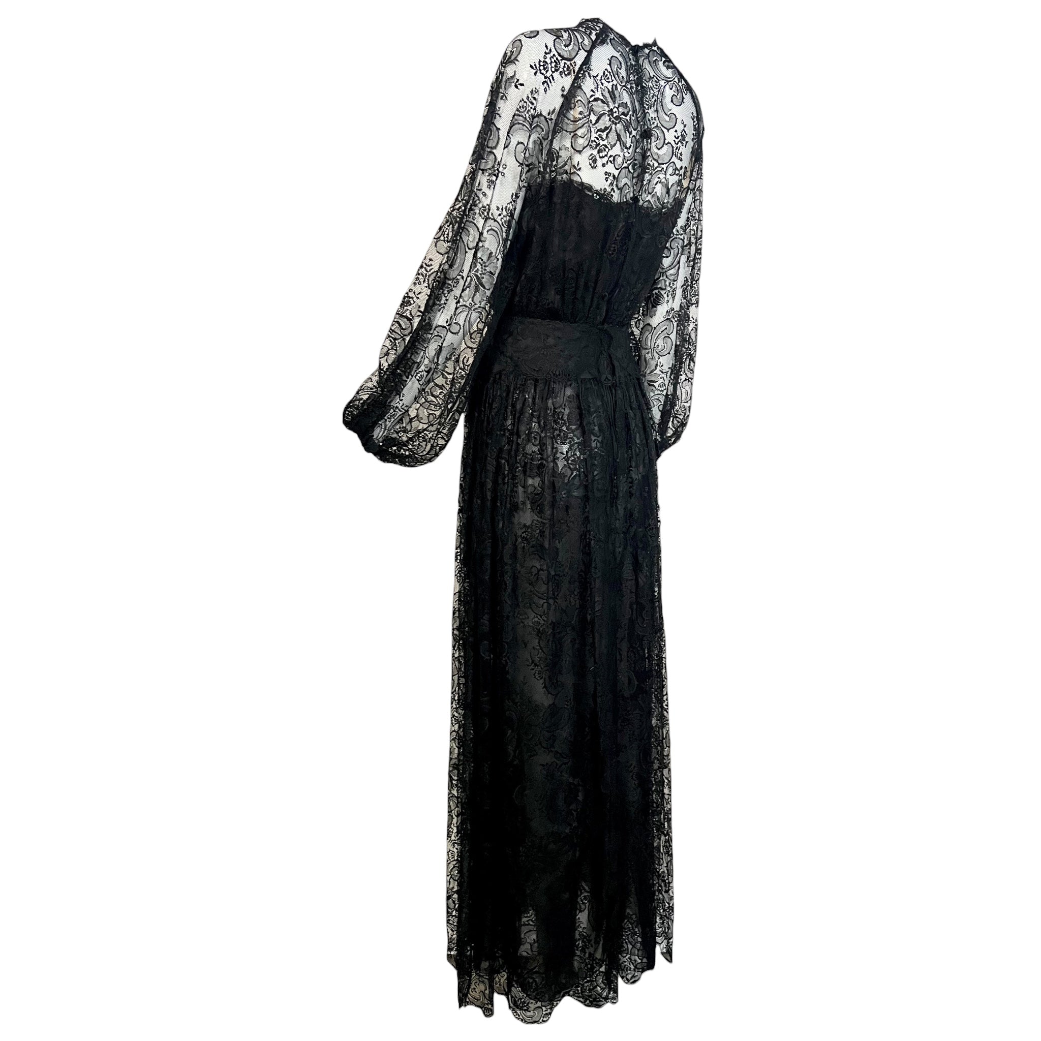 Galanos 1980's Black Chantilly Lace and Silk Chiffon Long Sleeve Gown, back side