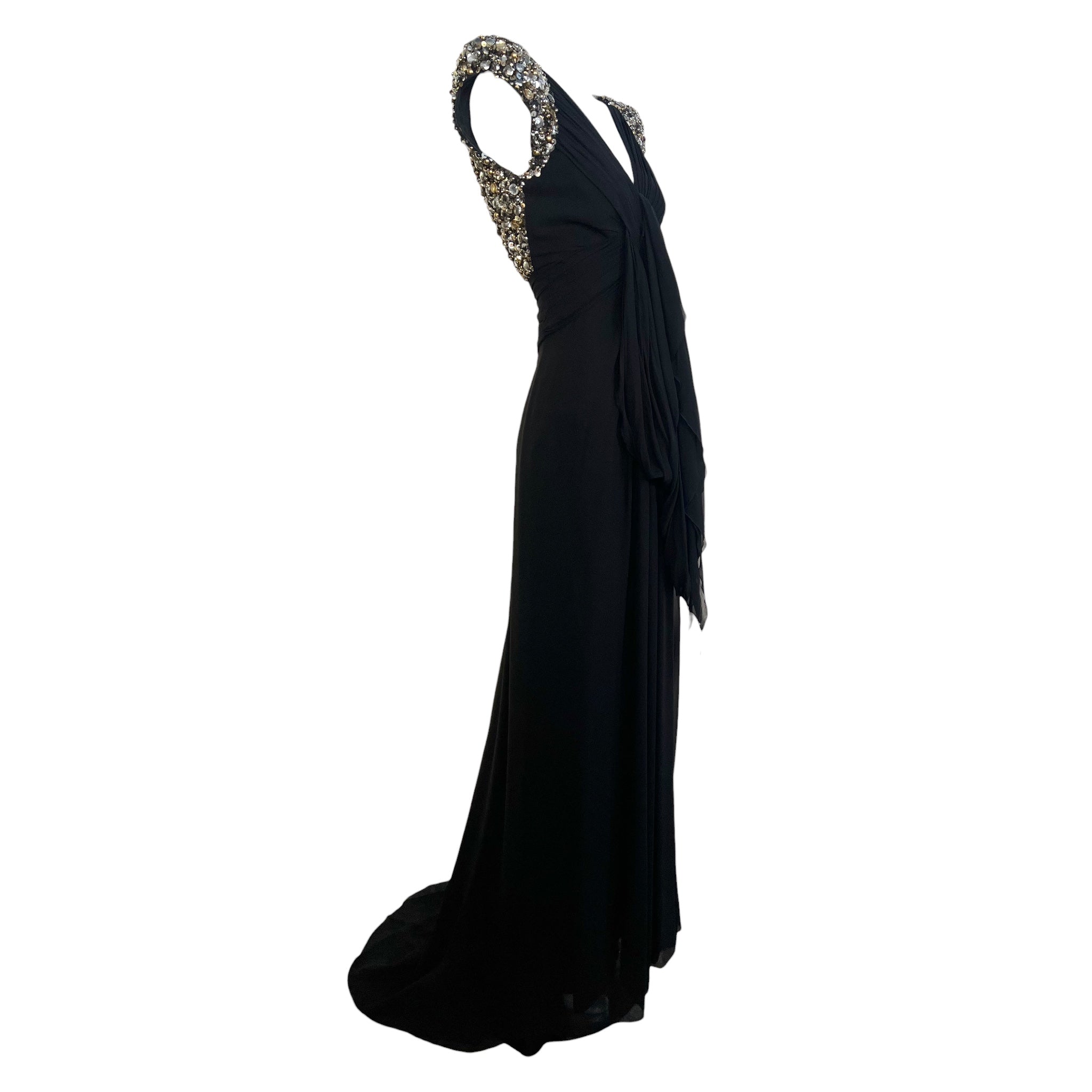  Elie Saab Black Silk Gown with Gold and Silver Embellished Capped Sleeves, slight side