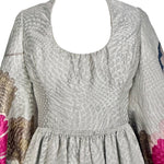 Bill Blass 1969 Silver Brocade Pink Floral Long Sleeve Full Length Dress, Documented, neck