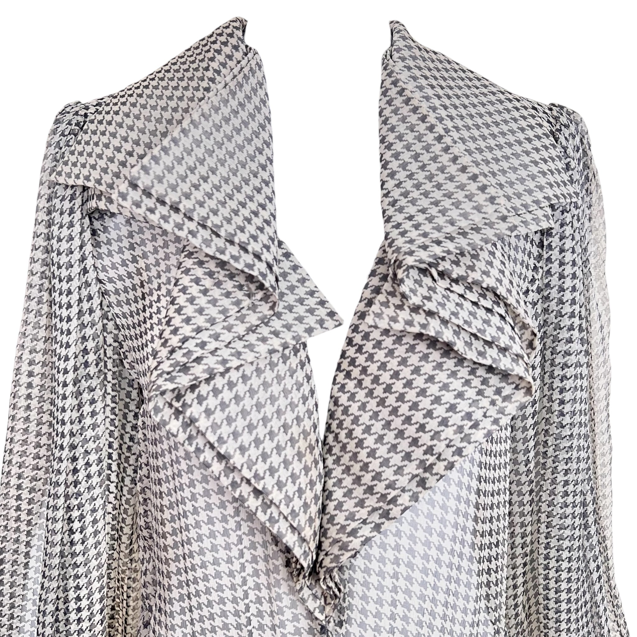 Galanos 1970's Grey and White Houndstooth Chiffon Dress, neck