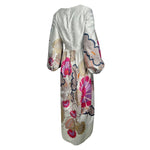 Bill Blass 1969 Silver Brocade Pink Floral Long Sleeve Full Length Dress, Documented, back sideways