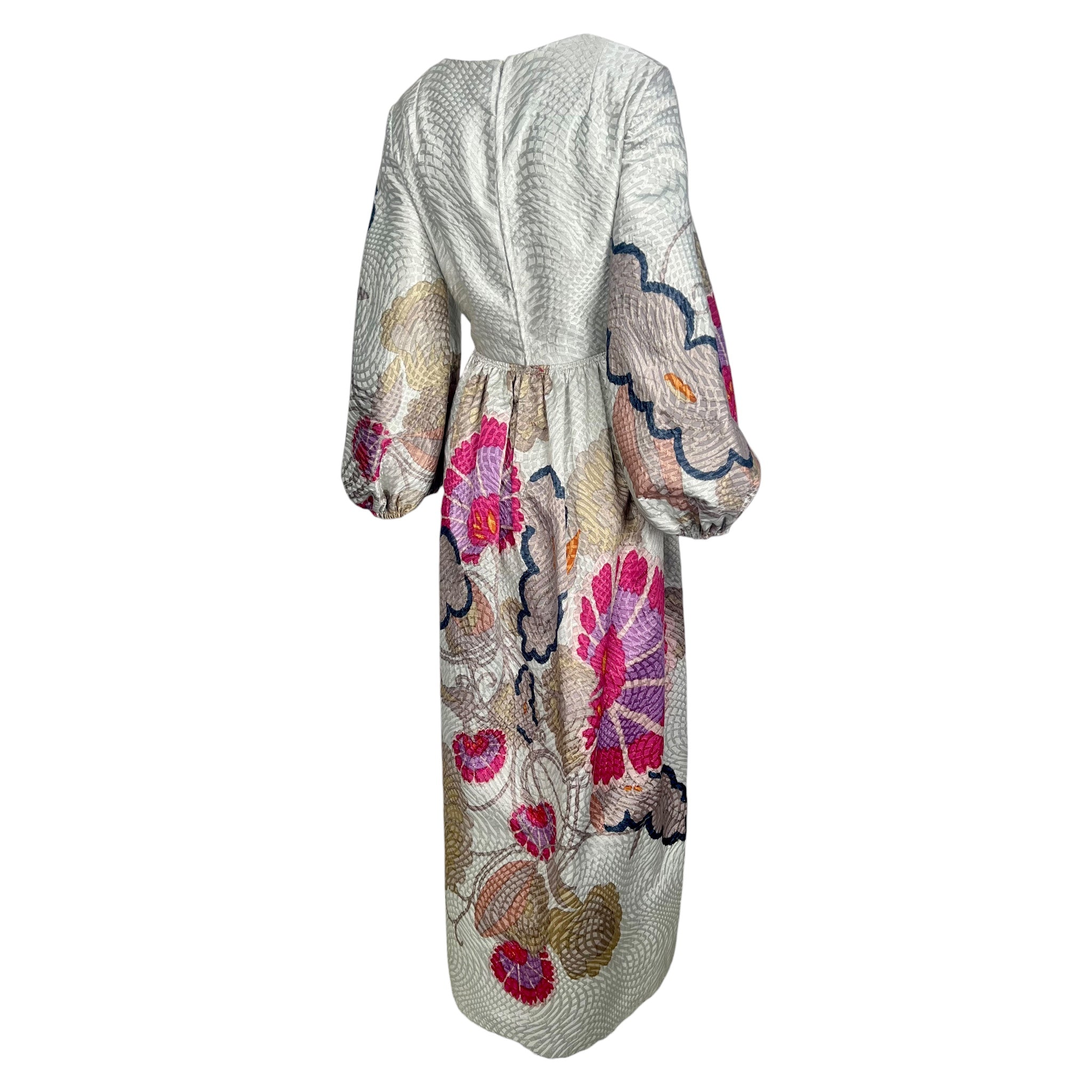 Bill Blass 1969 Silver Brocade Pink Floral Long Sleeve Full Length Dress, Documented, back sideways
