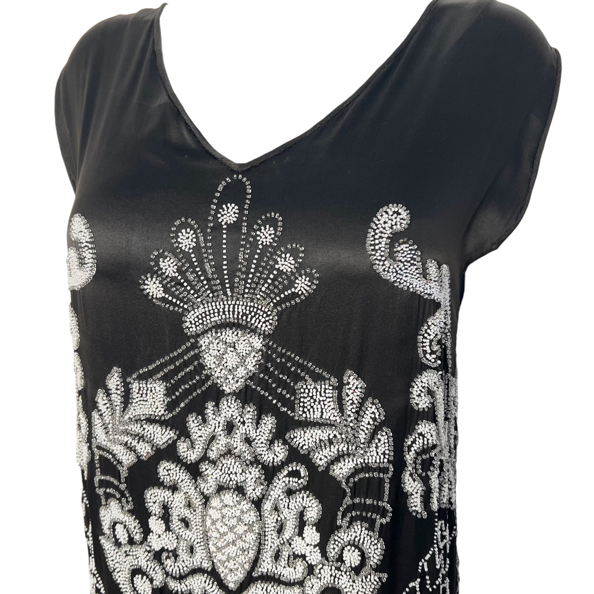 1920's Art Deco White Beaded Charcoal Black Satin Silk Evening Dress, top front