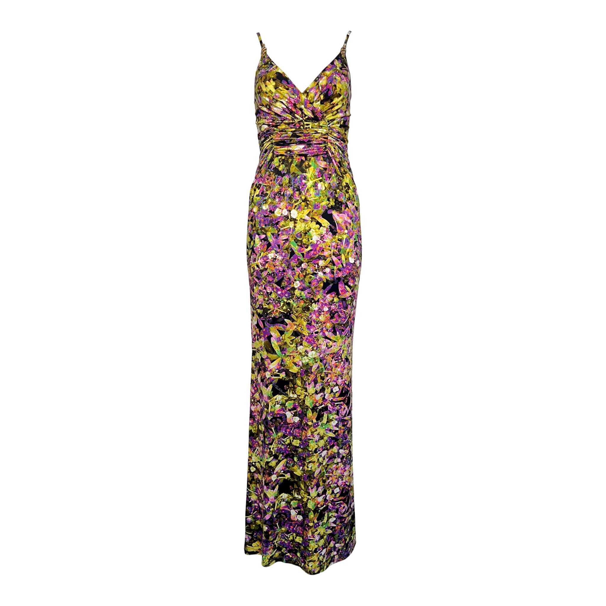 Roberto Cavalli 2008 Neon Floral Jersey Maxi Dress