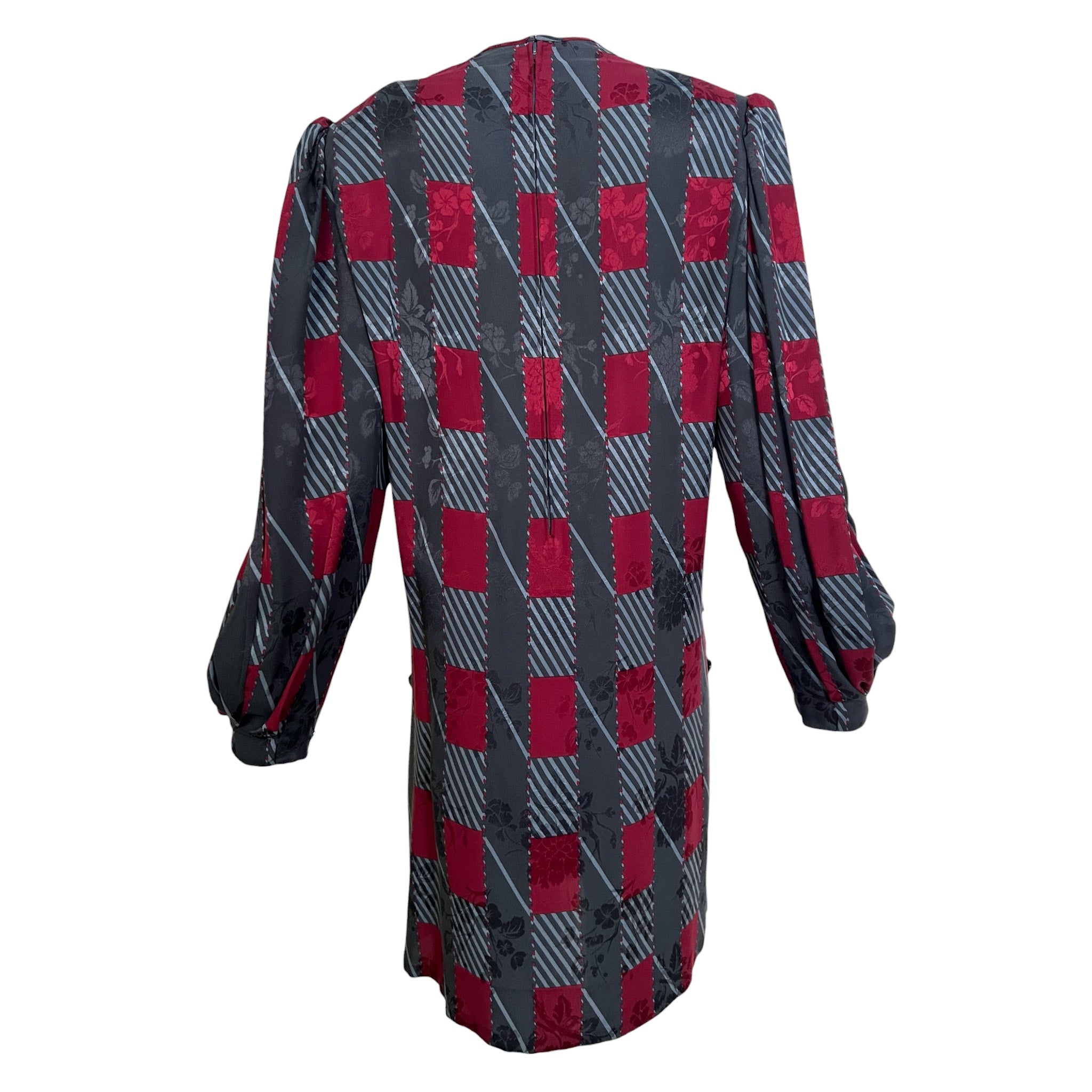 Galanos 1980's Maroon and Grey Silk Jacquard Graphic Print Dress, back