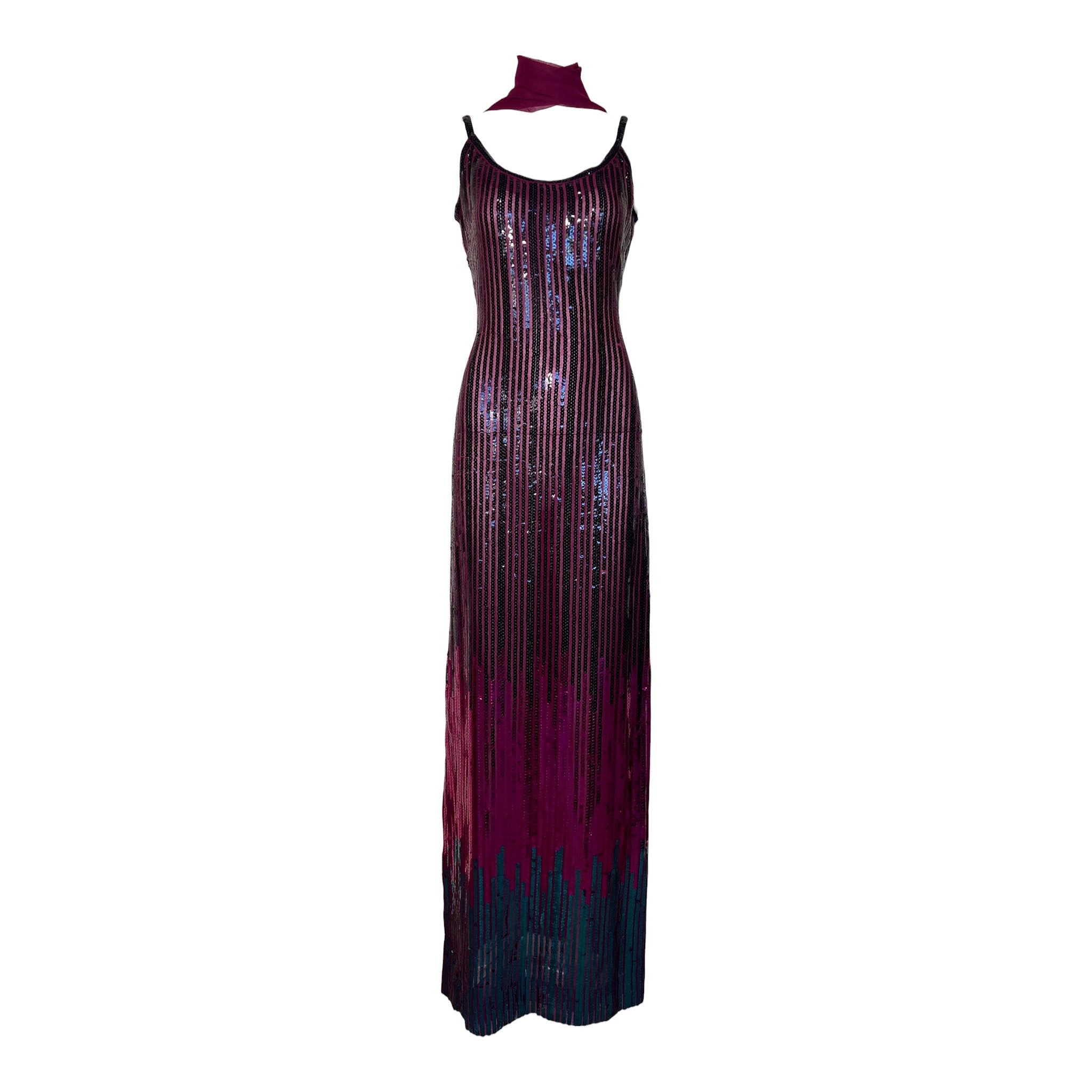 Ruben Panis 1970's Ombre Sequin Column Dress With Scarf, front