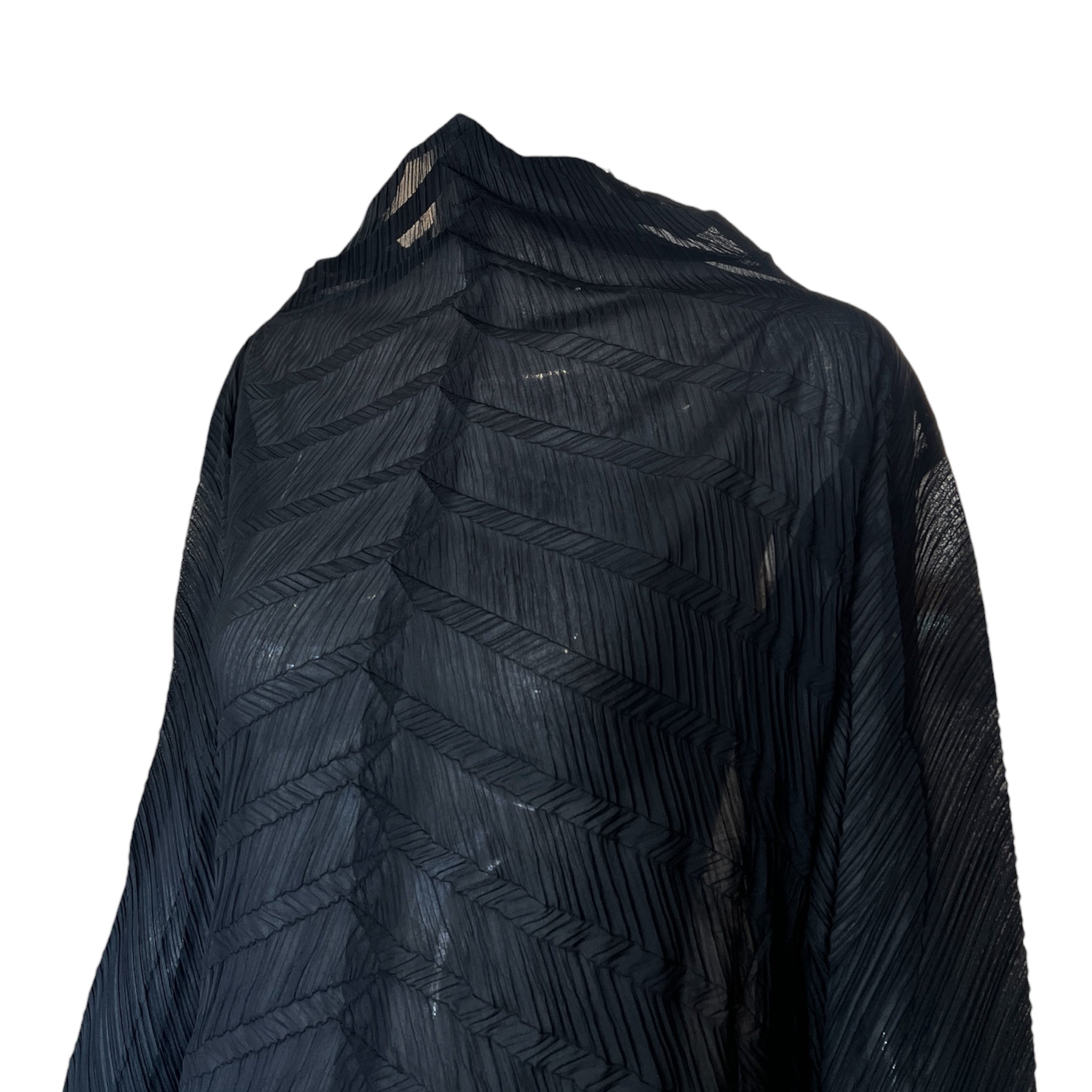 Issey Miyake 90's/Y2K  Black Sheer Herringbone Diagonal Pleated Tunic Dress, top side