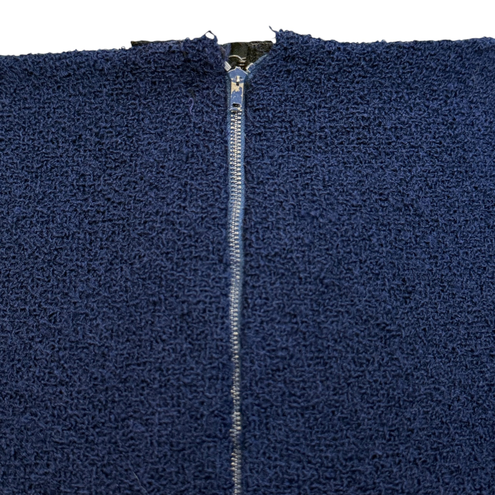 Christian Dior Spring 1963 Navy Blue Boucle Wool Skirt Suit, zipper close up