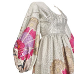 Bill Blass 1969 Silver Brocade Pink Floral Long Sleeve Full Length Dress, Documented, upper side shot
