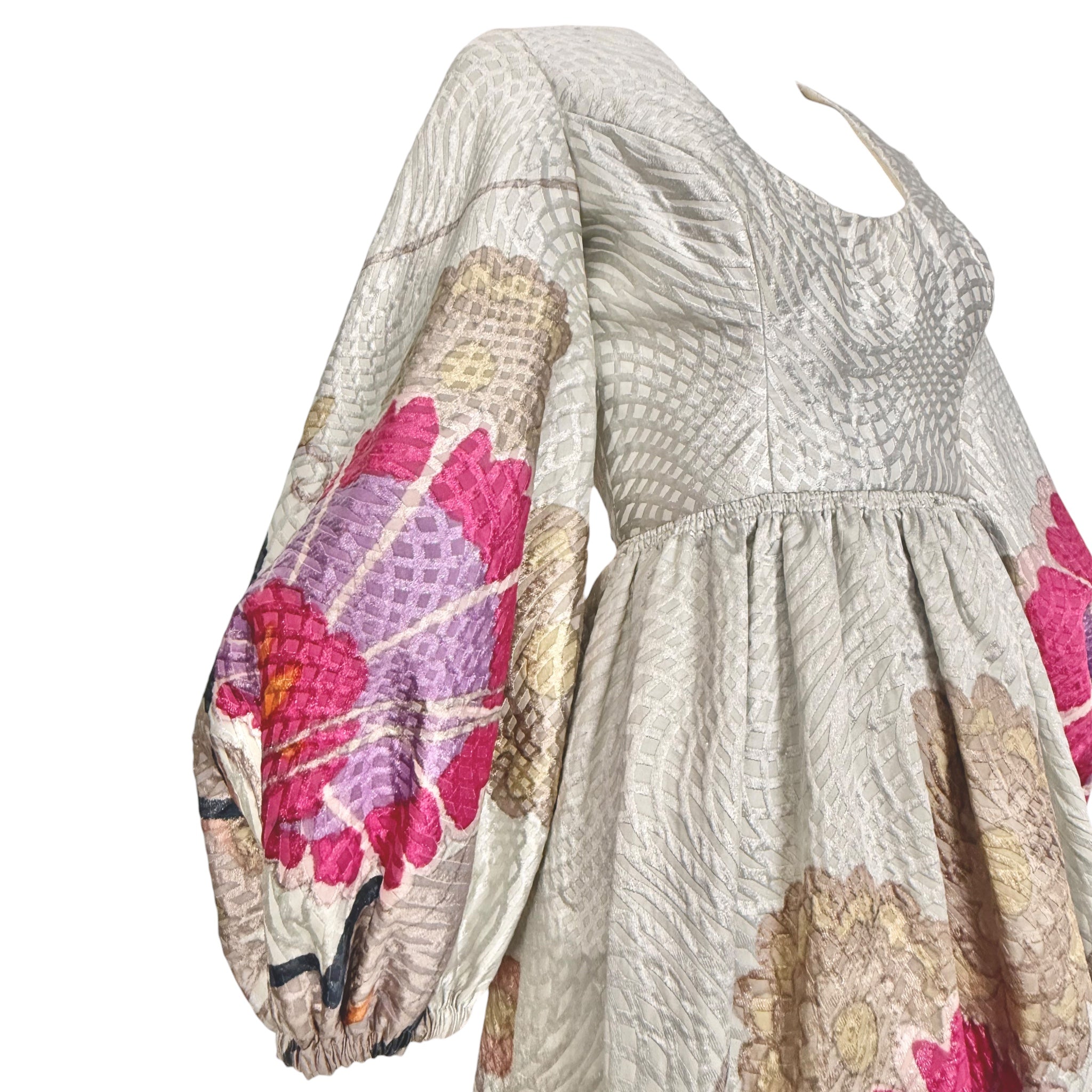 Bill Blass 1969 Silver Brocade Pink Floral Long Sleeve Full Length Dress, Documented, upper side shot