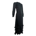 Galanos 1970's Black Satin Silk Ruffle Triple Tier Long Sleeve Column Gown, slight side