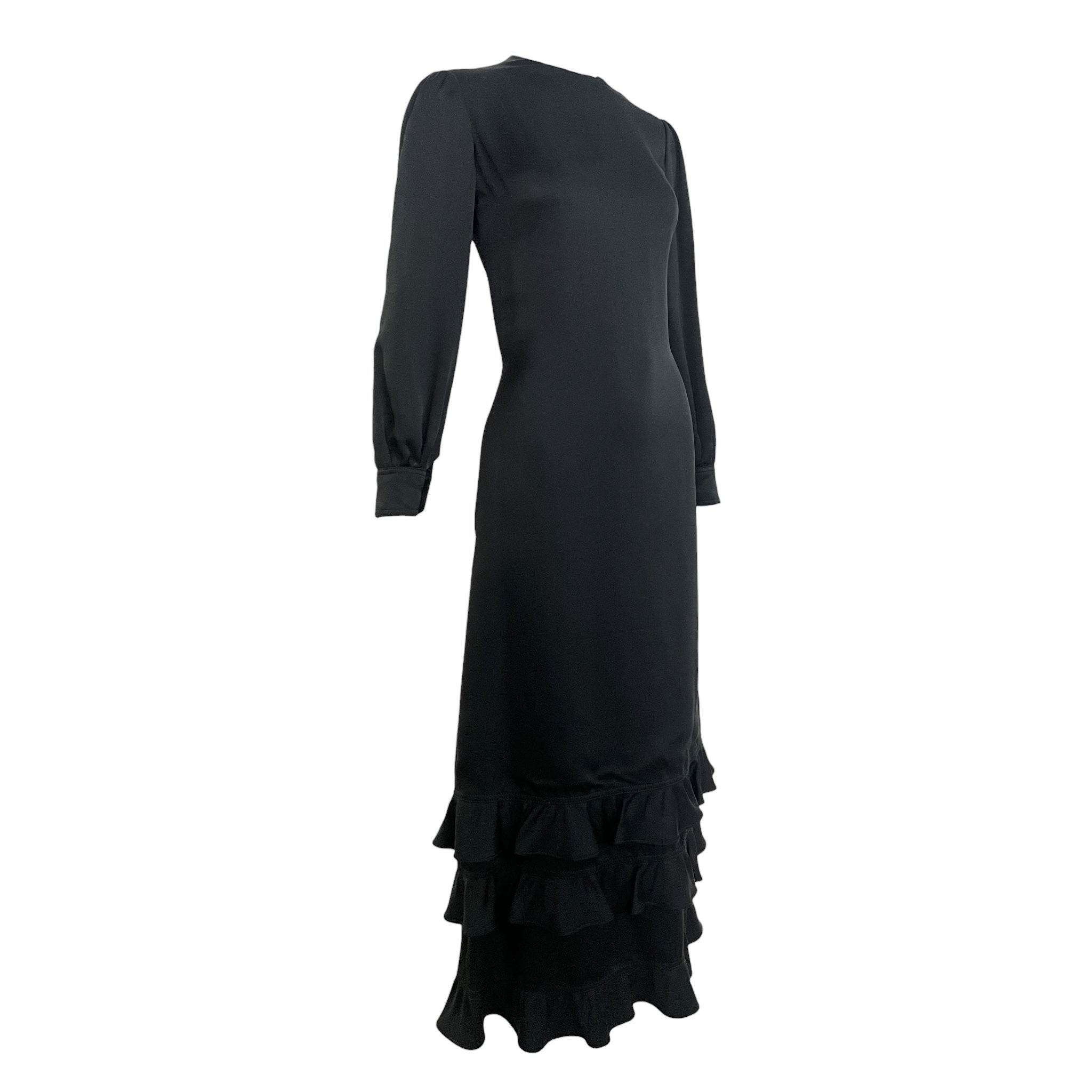 Galanos 1970's Black Satin Silk Ruffle Triple Tier Long Sleeve Column Gown, slight side