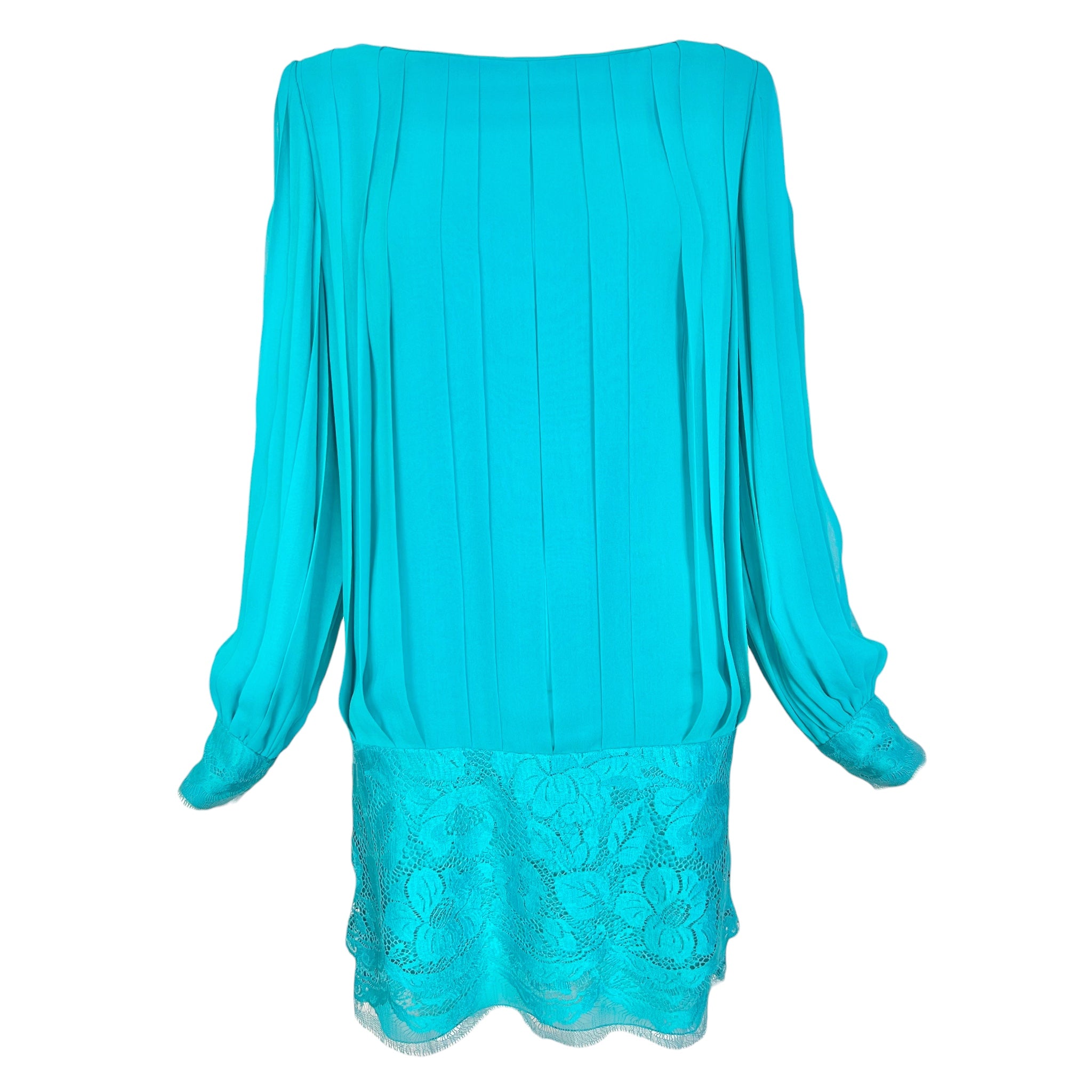 Galanos 1980's Turquoise Pleated Silk and Lace Mini Dress