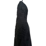1950's Black Silk Chiffon Ruched Drop Waist Hourglass Halter Gown, side 2