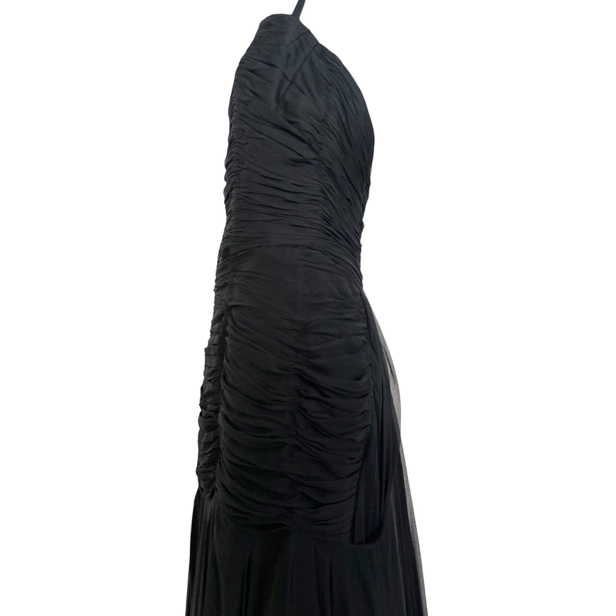 1950's Black Silk Chiffon Ruched Drop Waist Hourglass Halter Gown, side 2