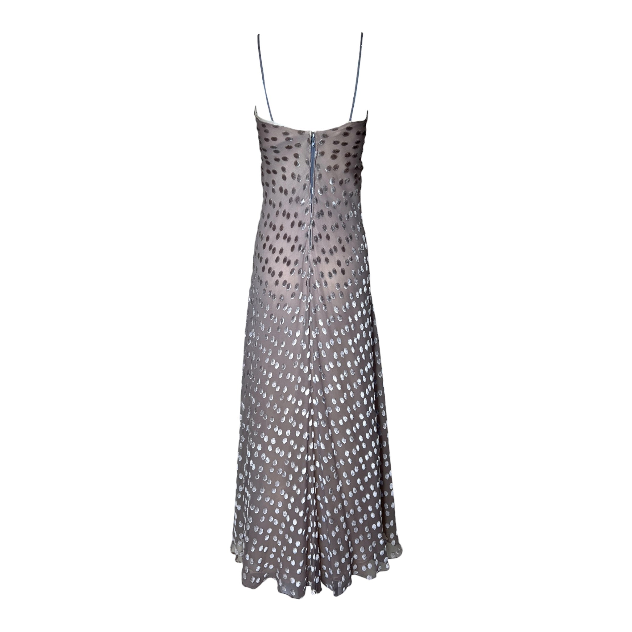 Stavropoulos 1970's Grey Devore Velvet Polkadot and Silk Gown, back
