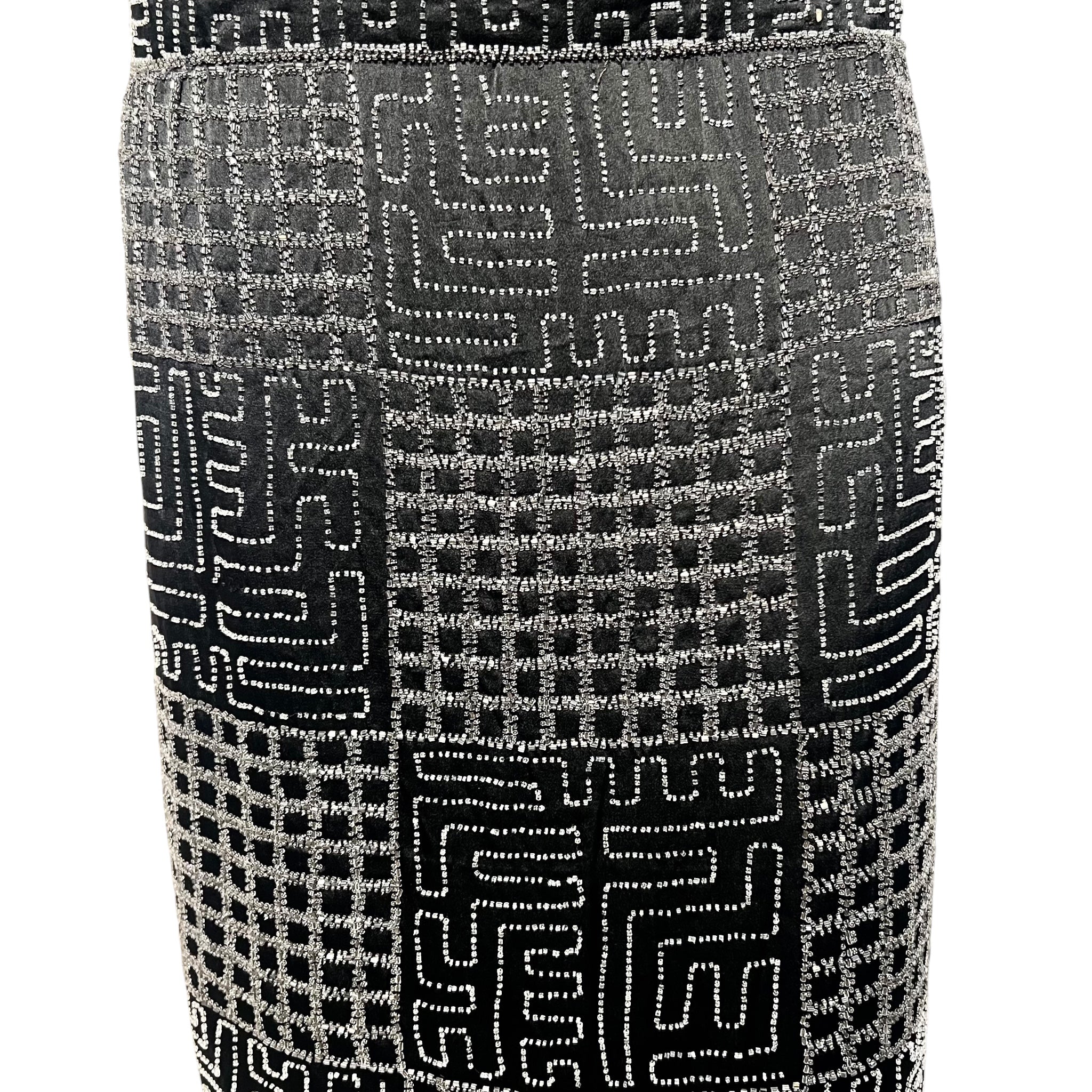 1920's Art Deco Geometric Beaded Black Silk Satin Evening Dress, detail 2