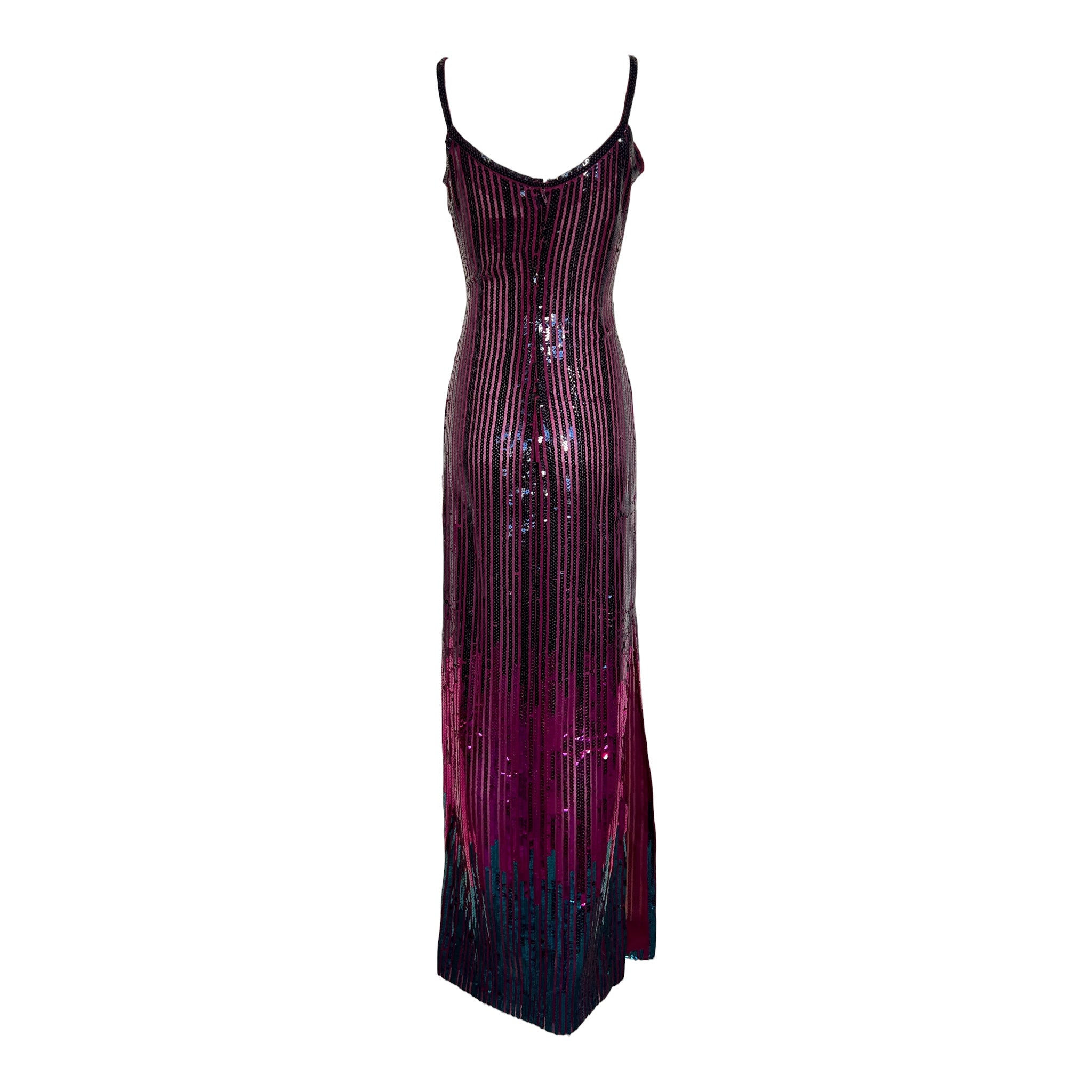 Ruben Panis 1970's Ombre Sequin Column Dress With Scarf, back solo