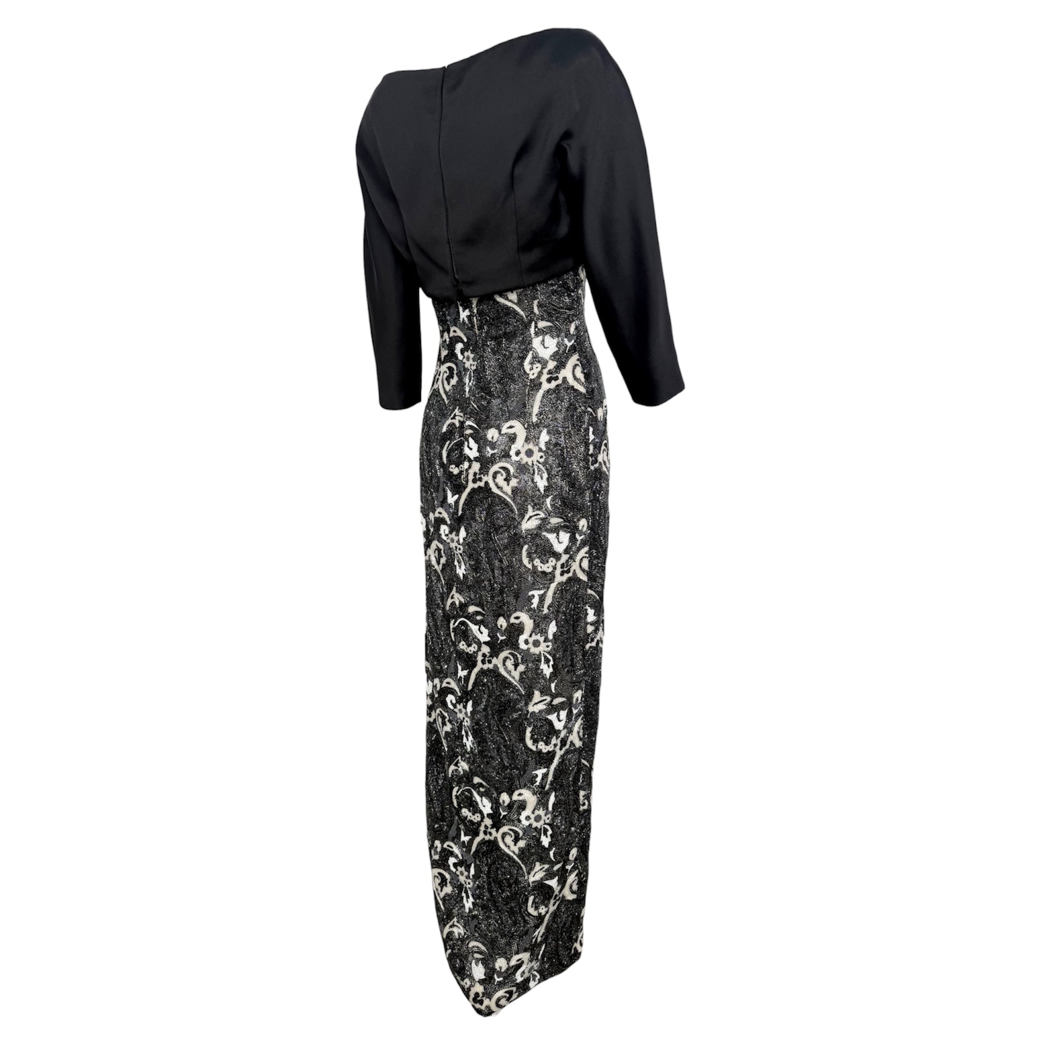 Guy Laroche Haute Couture 1960's Black and White Empire Waist Heavily Beaded Gown, slight side back