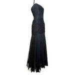 1950's Black Silk Chiffon Ruched Drop Waist Hourglass Halter Gown, side