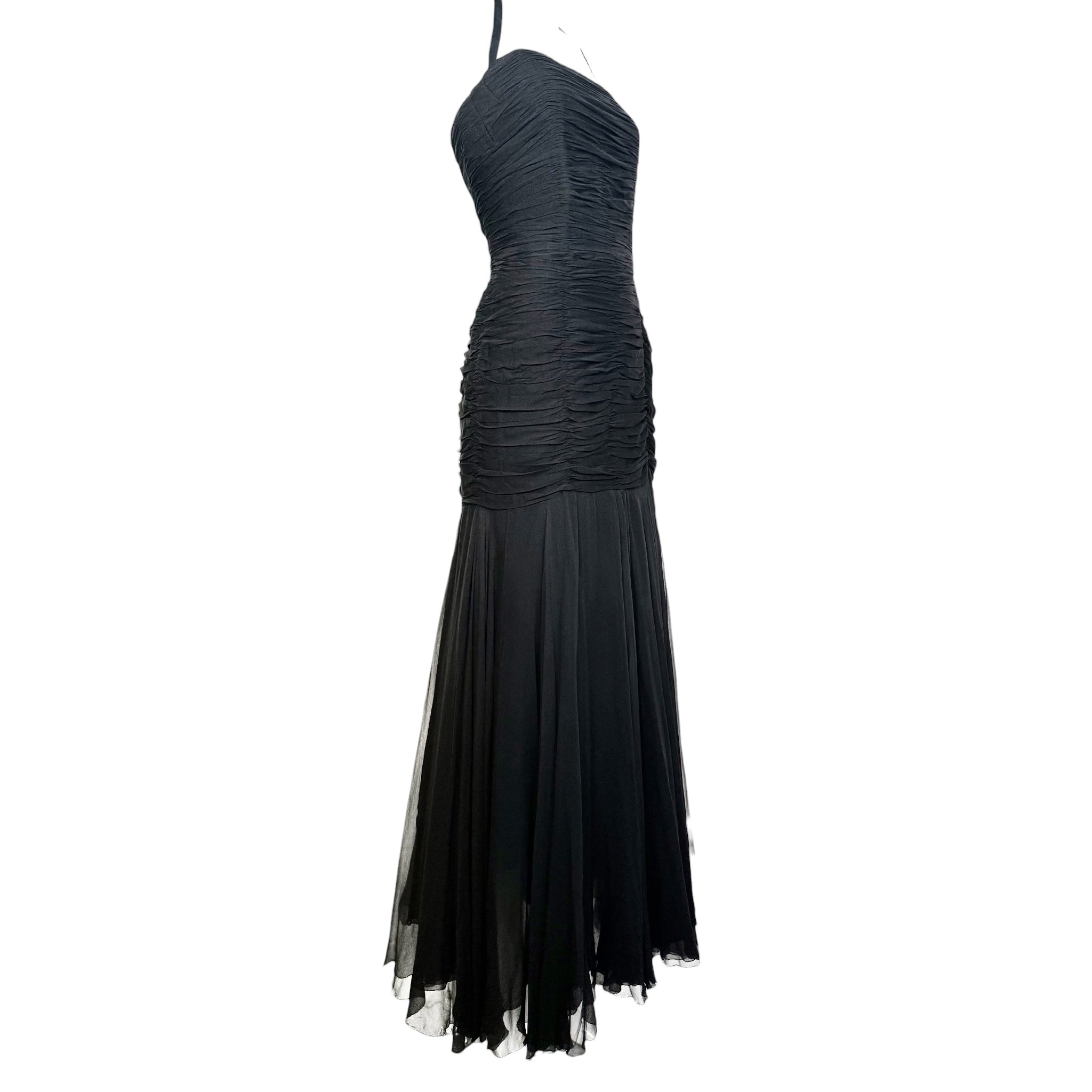 1950's Black Silk Chiffon Ruched Drop Waist Hourglass Halter Gown, side