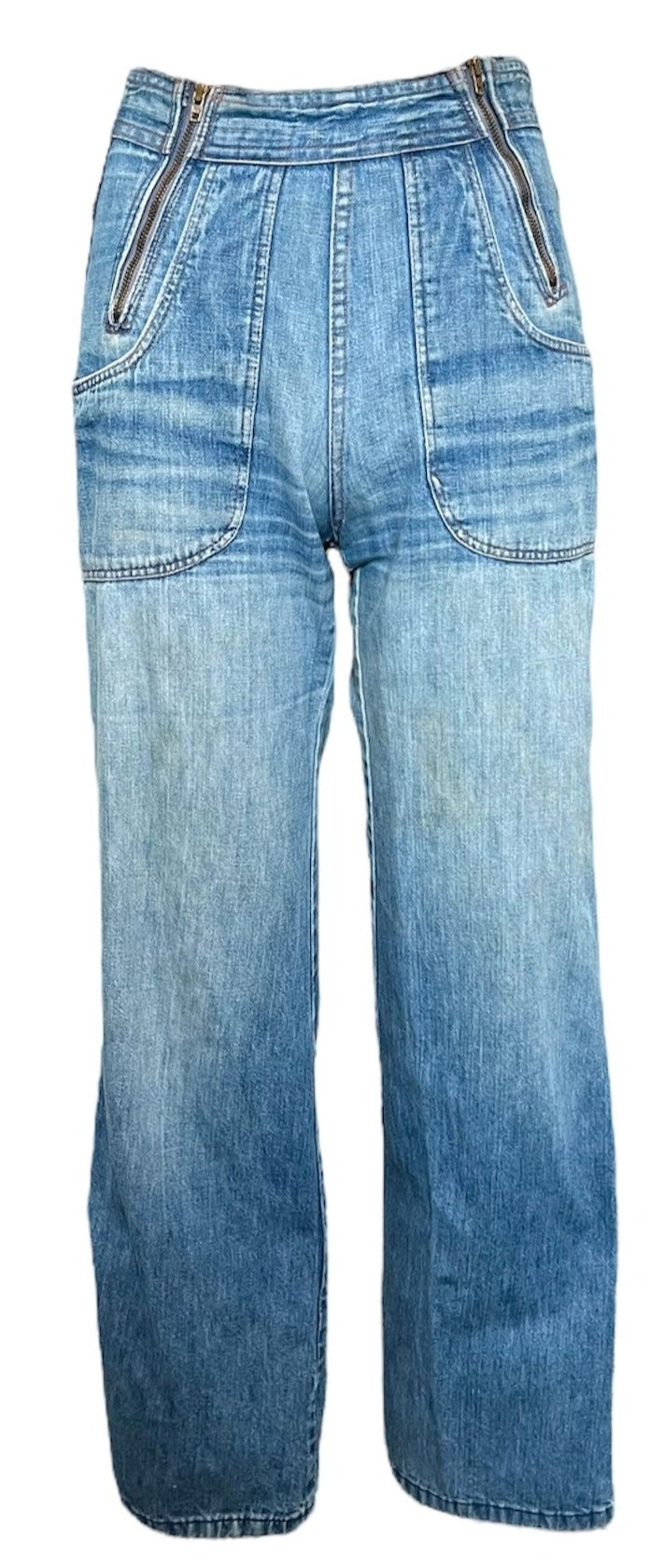 1970s Big Yank Double Zipper Well Faded Bell Bottom Jeans FRONT 1 of 5