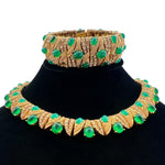 Ciner 1960's Jewels of India Green Cabochon and Rhinestone Gold Plated Necklace and Bracelet Set