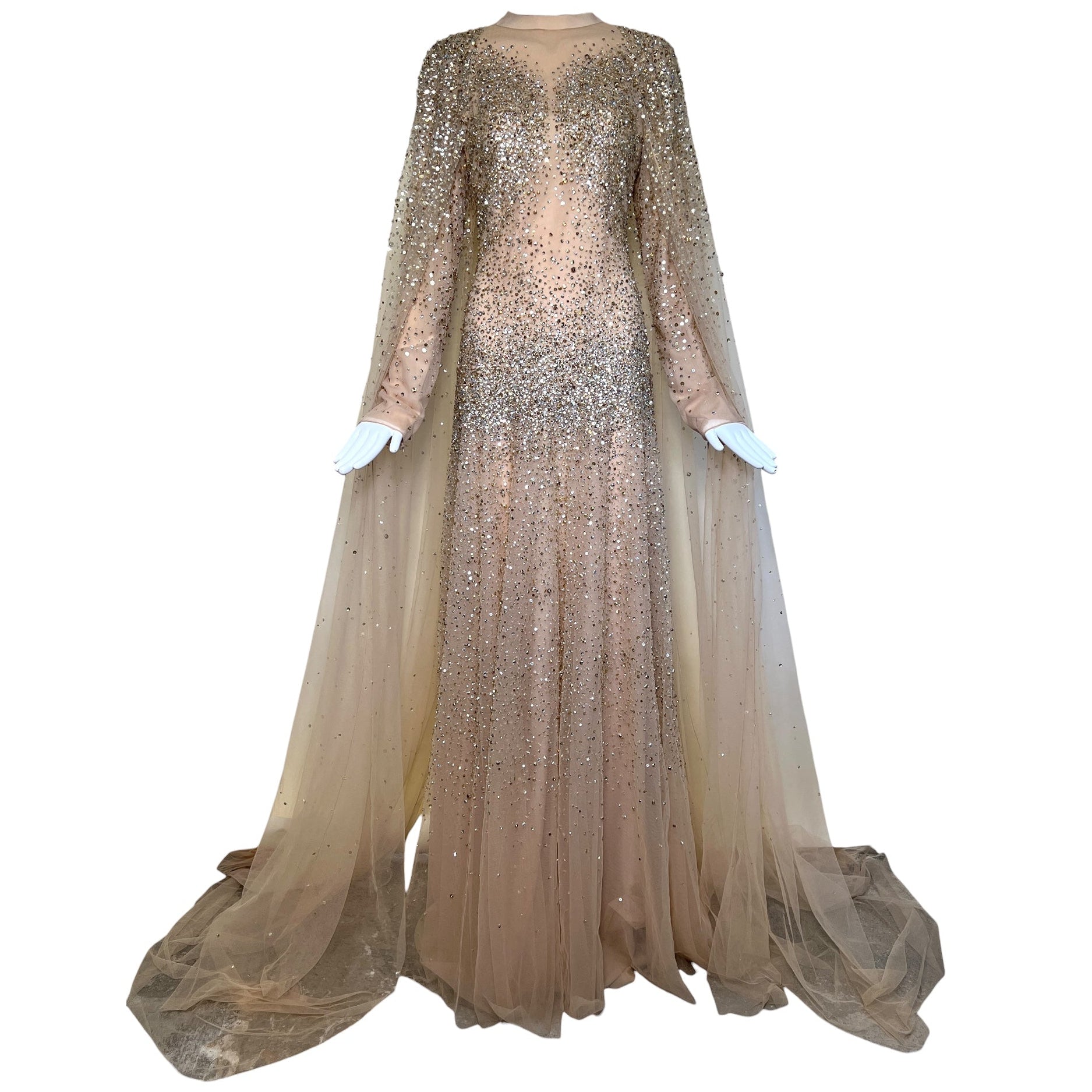 Tony Ward Fall 2025 Sheer Tulle Beaded ad Crystal Gown w/Waterfall Sleeves